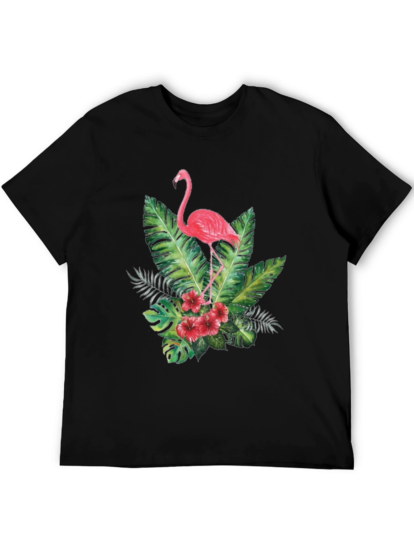 Tropical Flamingo Graphic Tee - Black Cotton T-Shirt