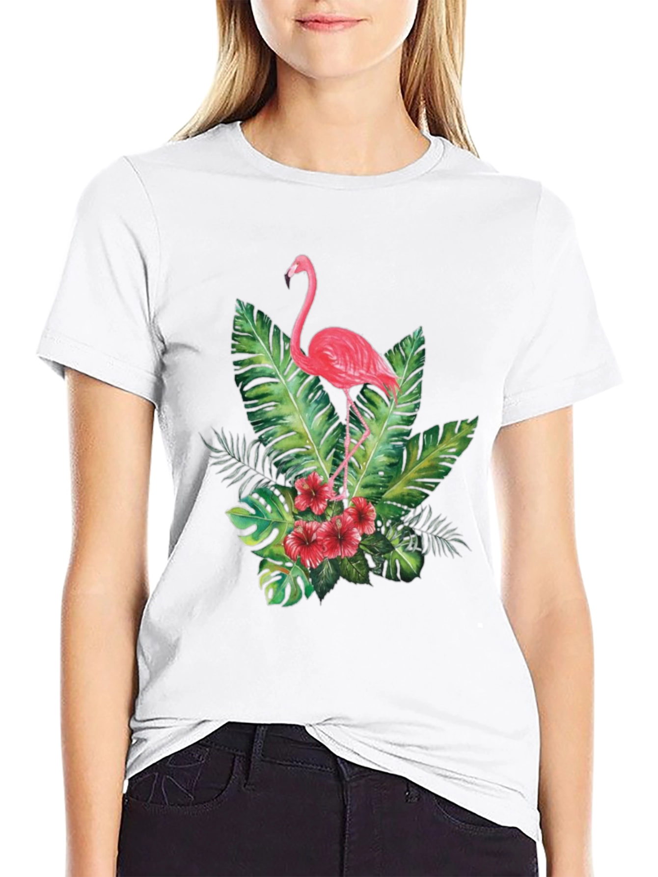 Tropical Flamingo Graphic Tee - Black Cotton T-Shirt