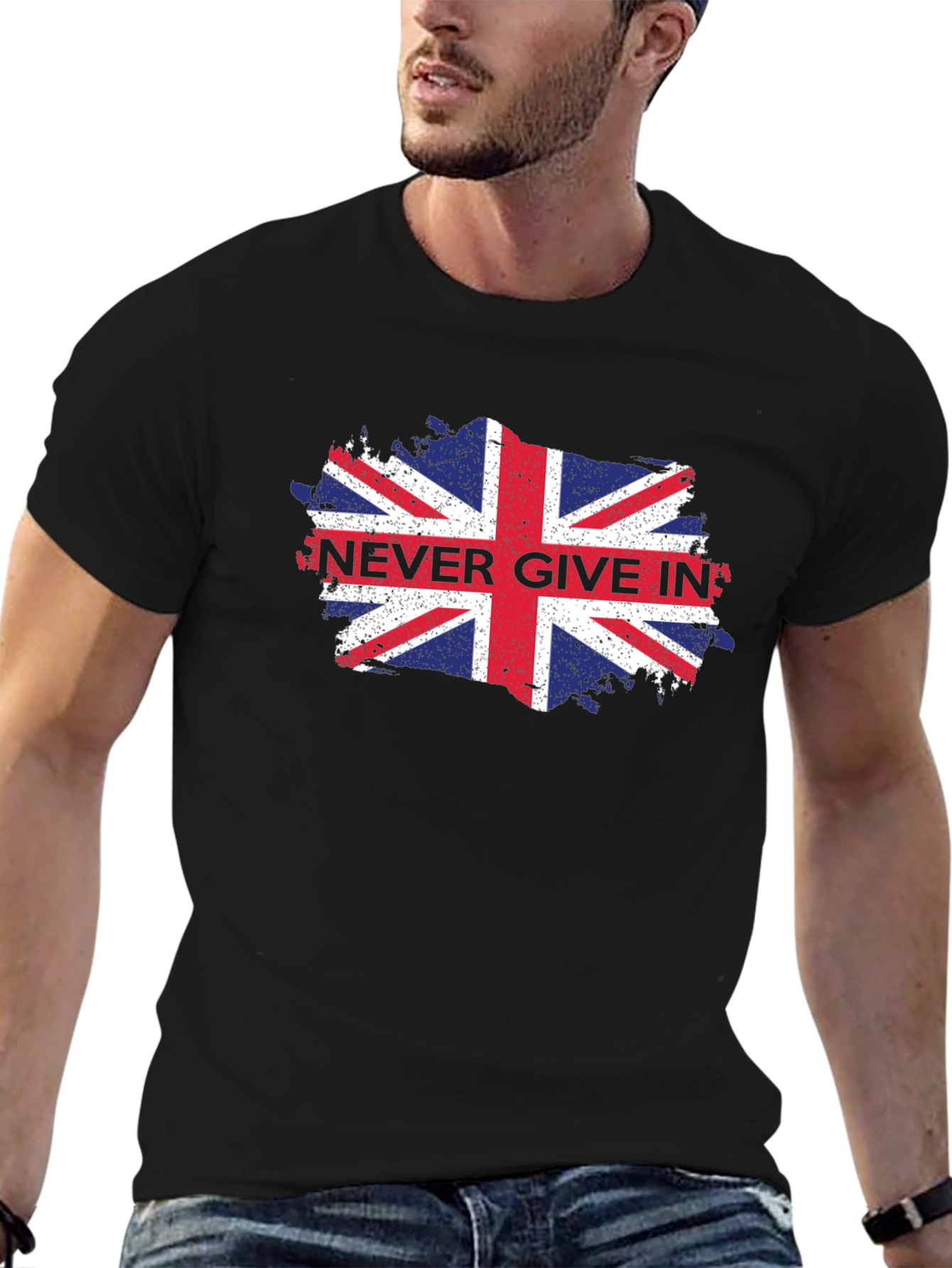 Never Give In Union Jack Mens Black T-Shirt