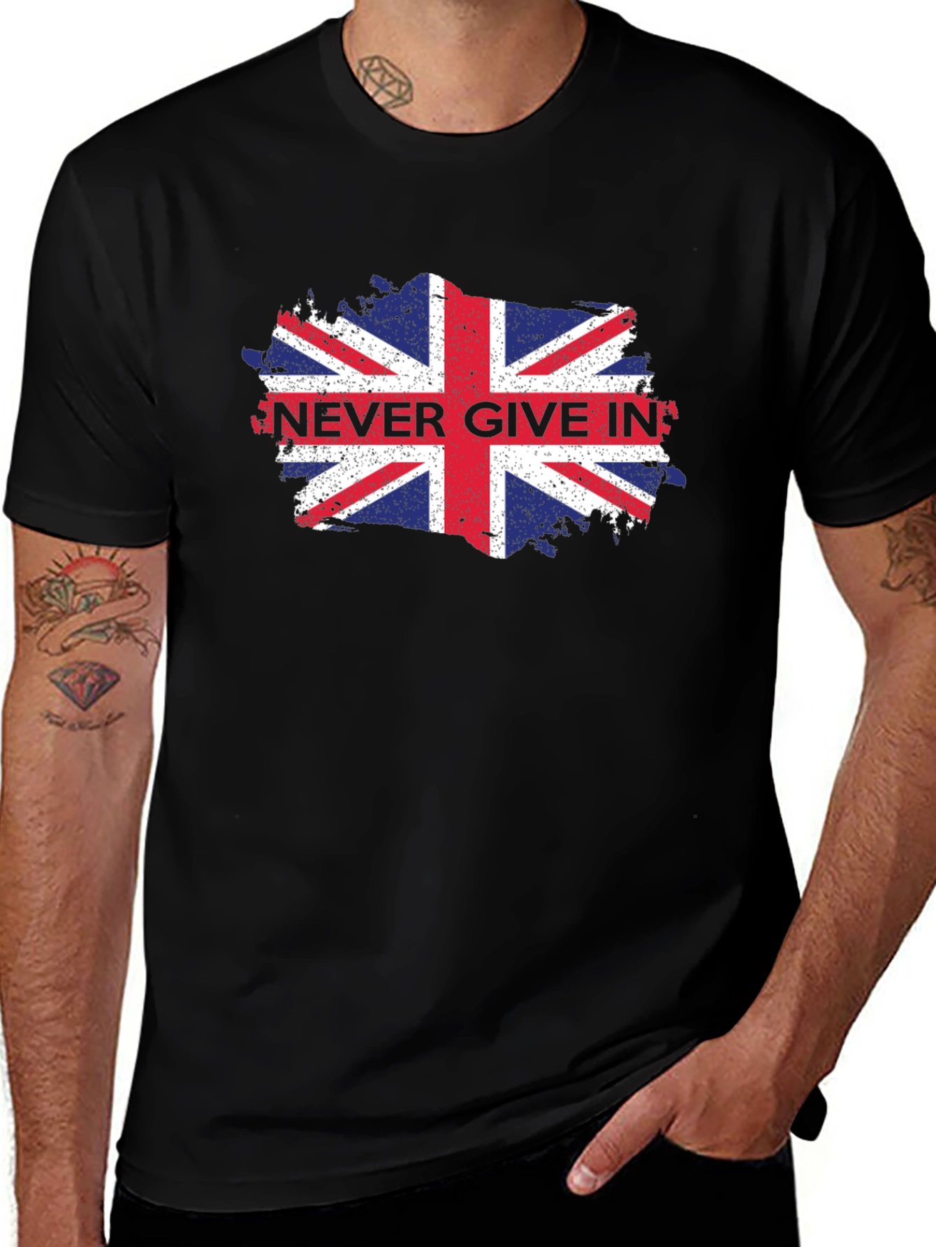 Never Give In Union Jack Mens Black T-Shirt