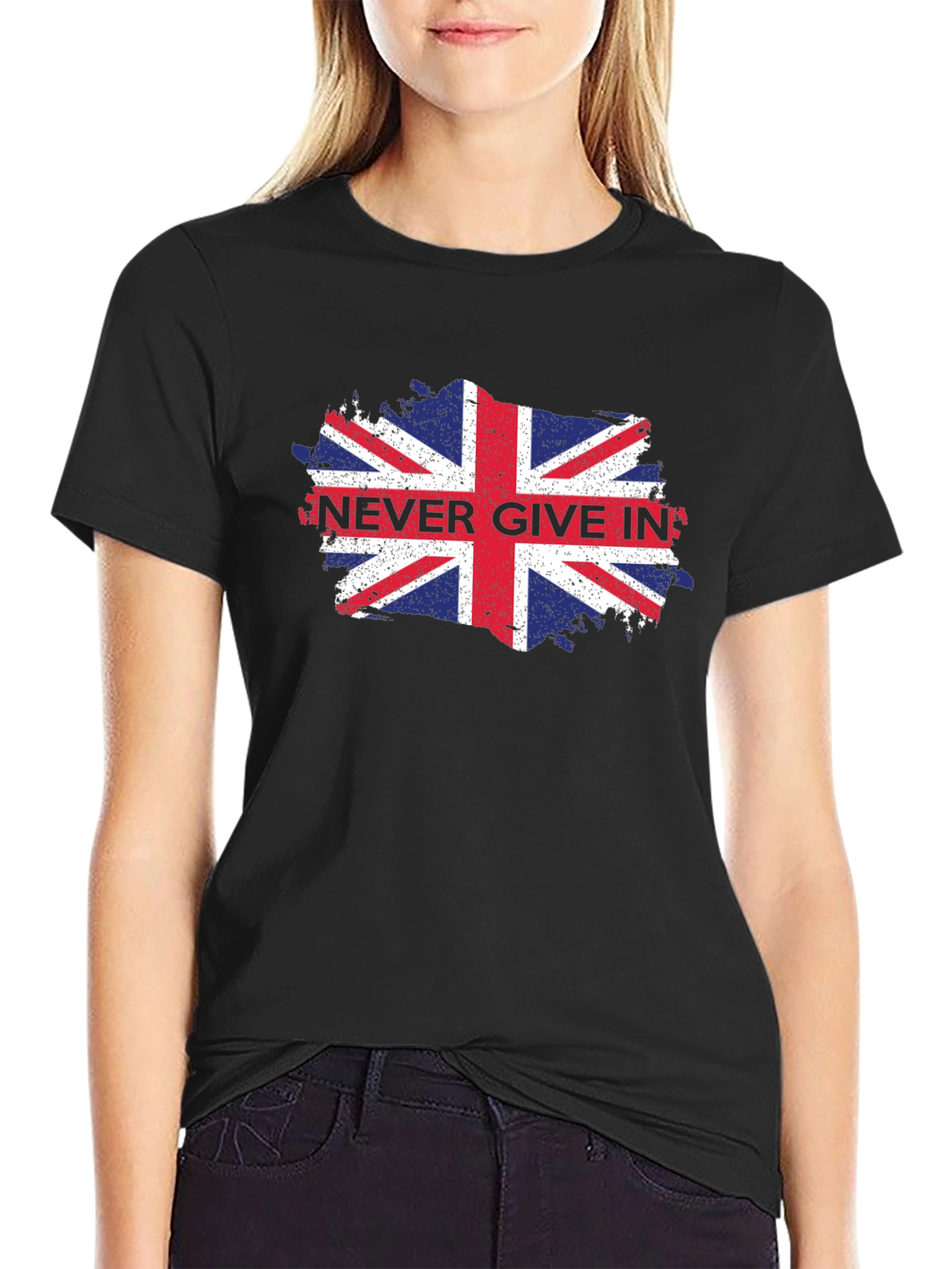 Never Give In Union Jack Mens Black T-Shirt