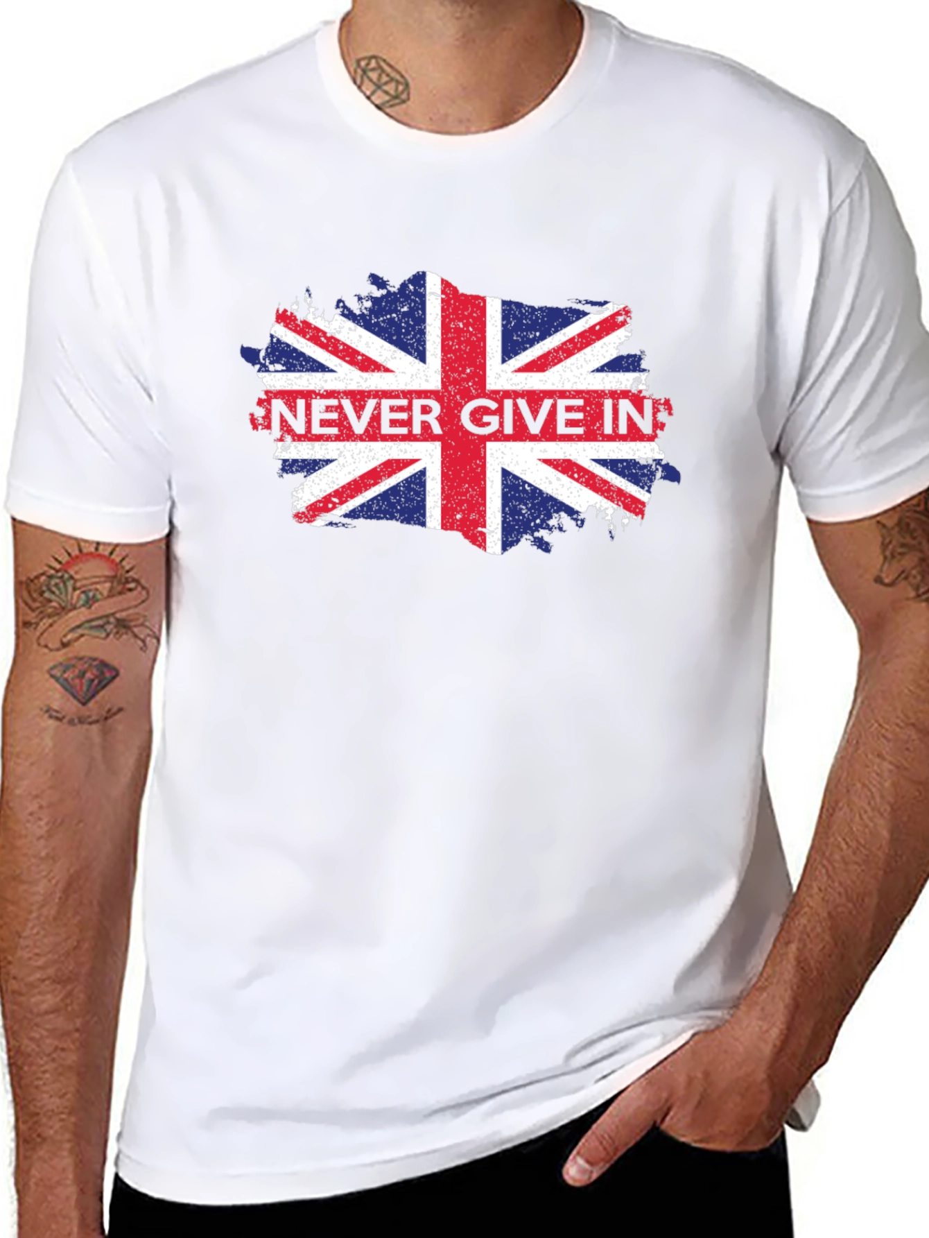 Never Give In Union Jack Mens Black T-Shirt