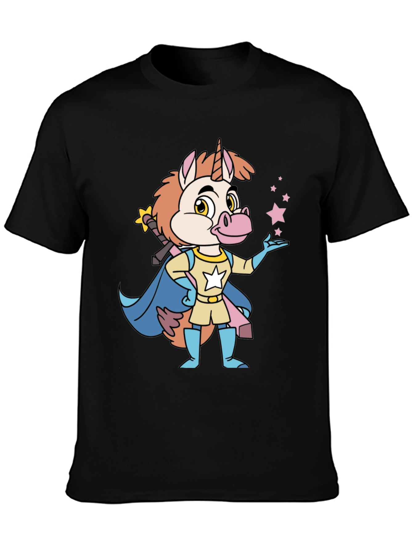 Cartoon Unicorn Superhero Black T-Shirt