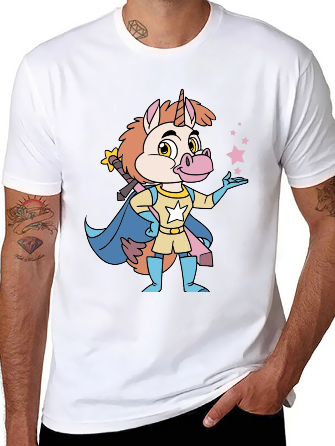 Cartoon Unicorn Superhero Black T-Shirt