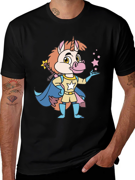 Cartoon Unicorn Superhero Black T-Shirt