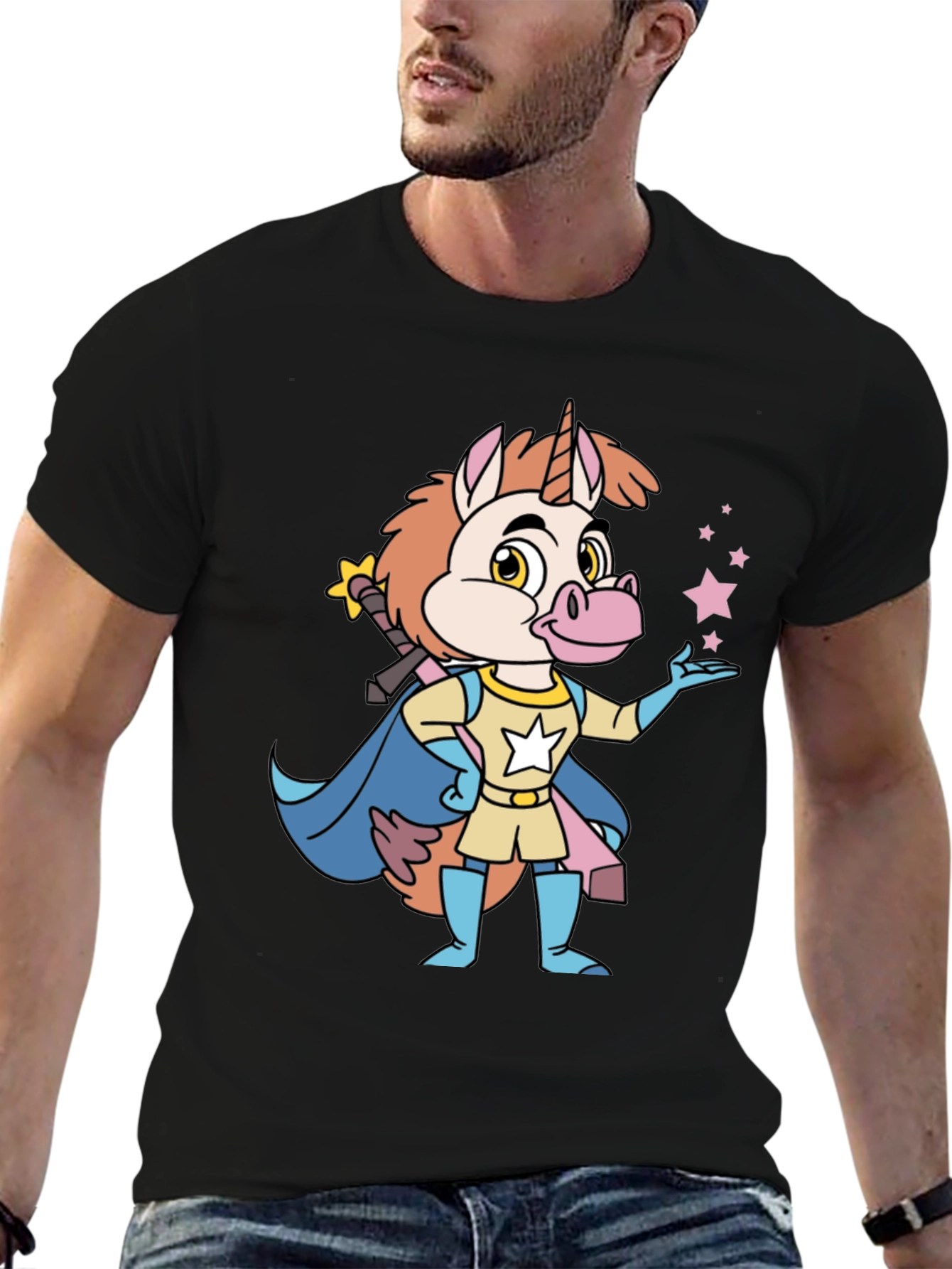 Cartoon Unicorn Superhero Black T-Shirt