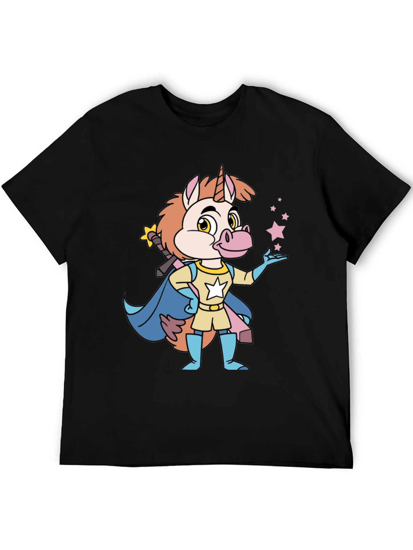Cartoon Unicorn Superhero Black T-Shirt