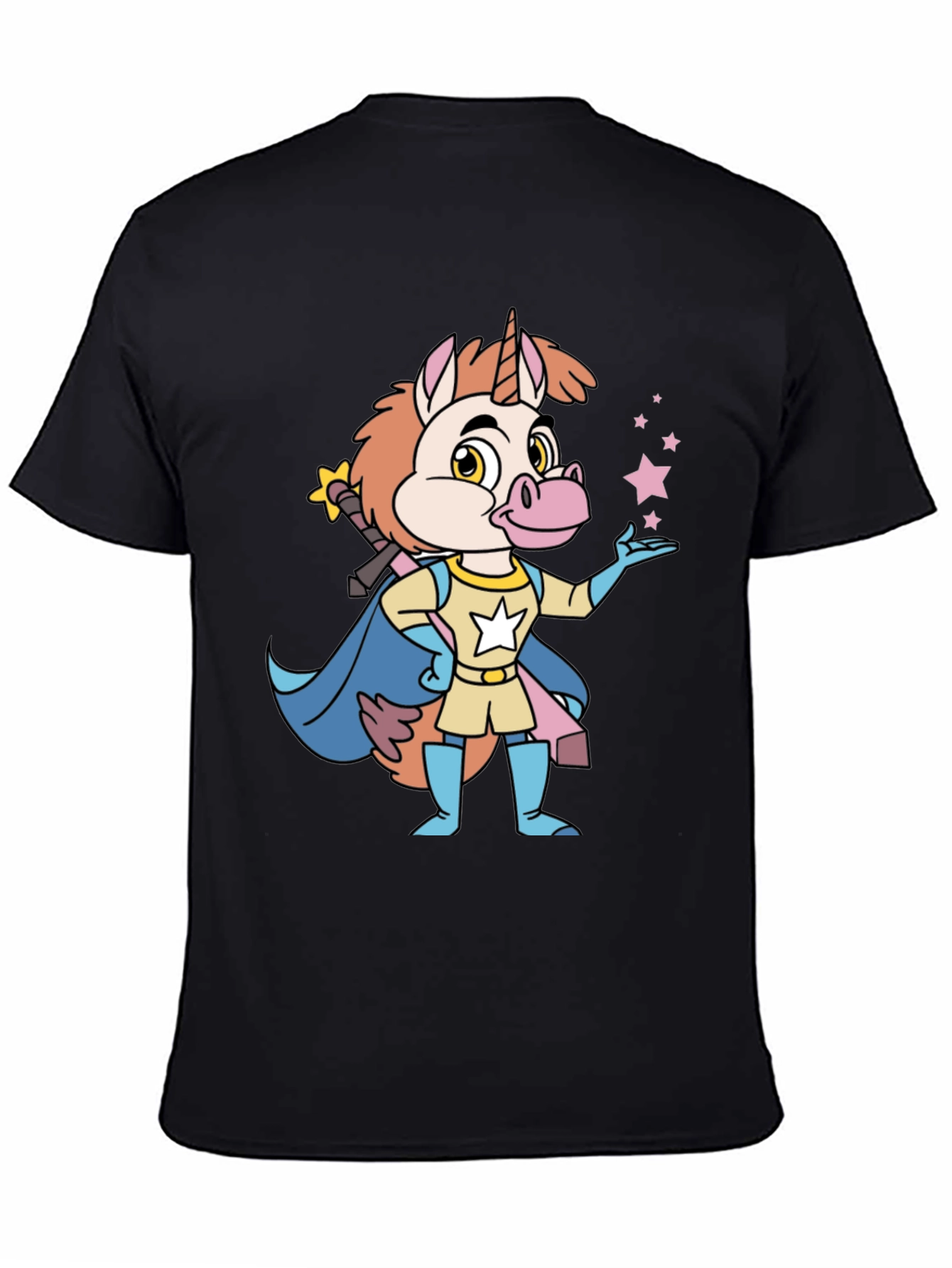 Cartoon Unicorn Superhero Black T-Shirt