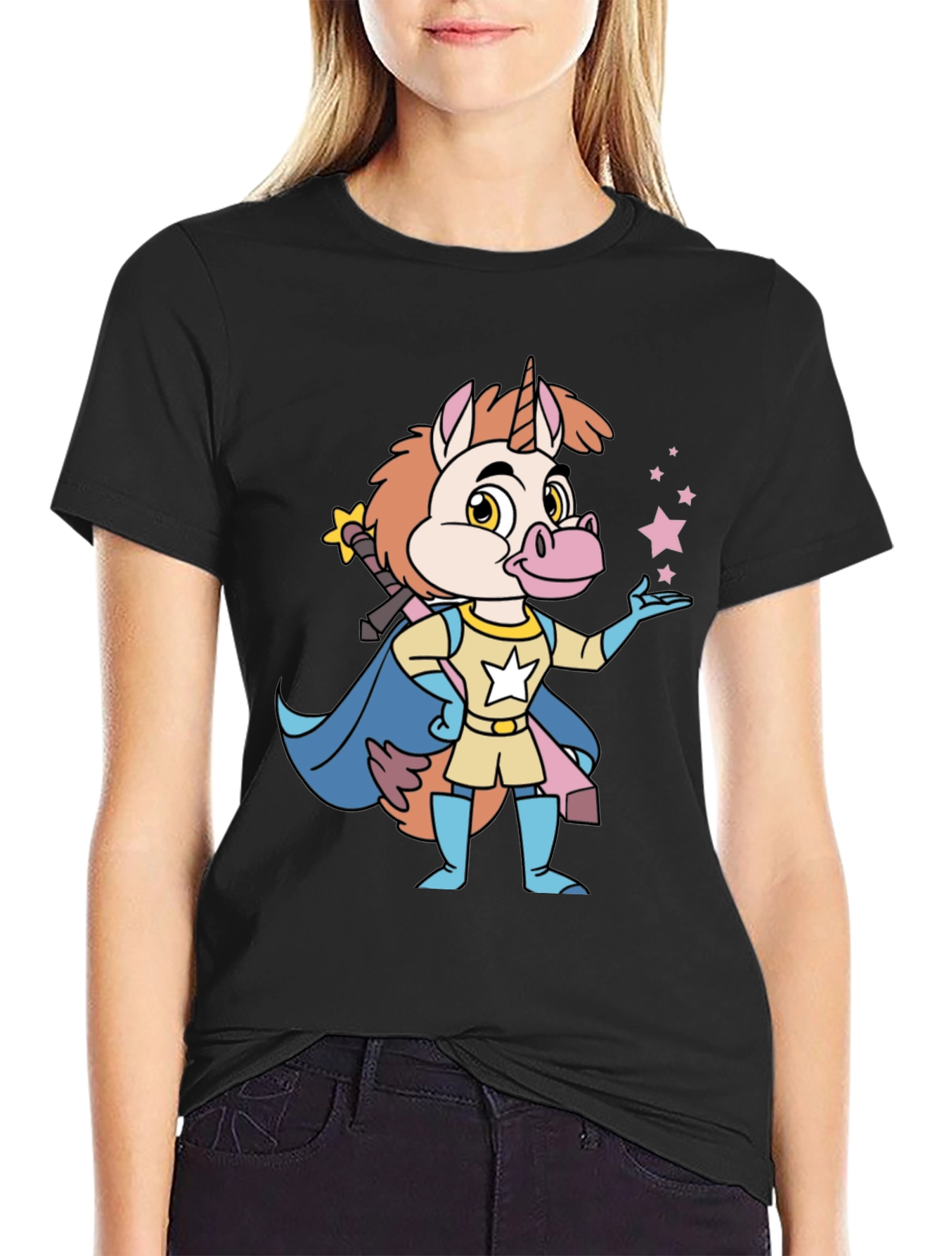 Cartoon Unicorn Superhero Black T-Shirt