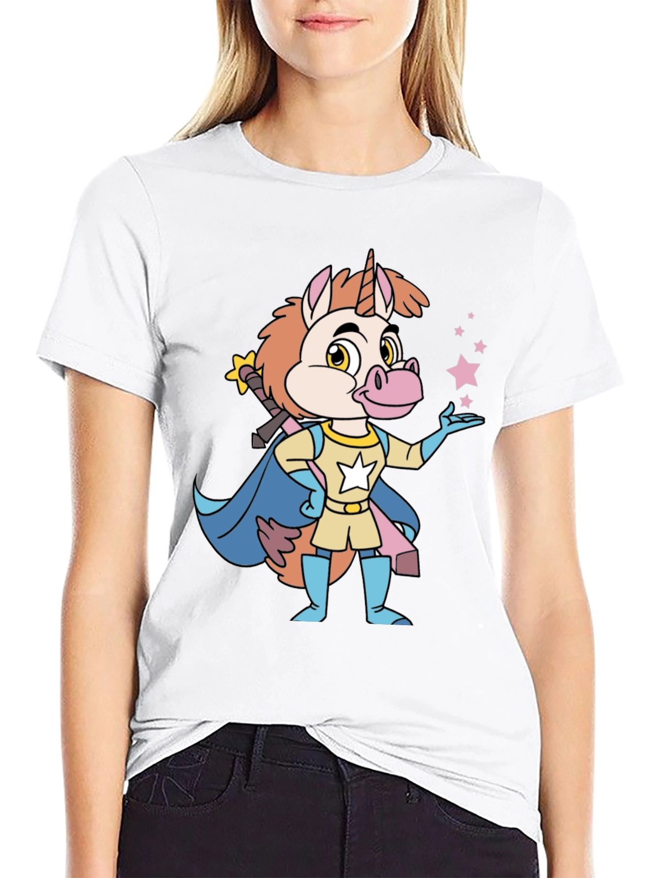 Cartoon Unicorn Superhero Black T-Shirt