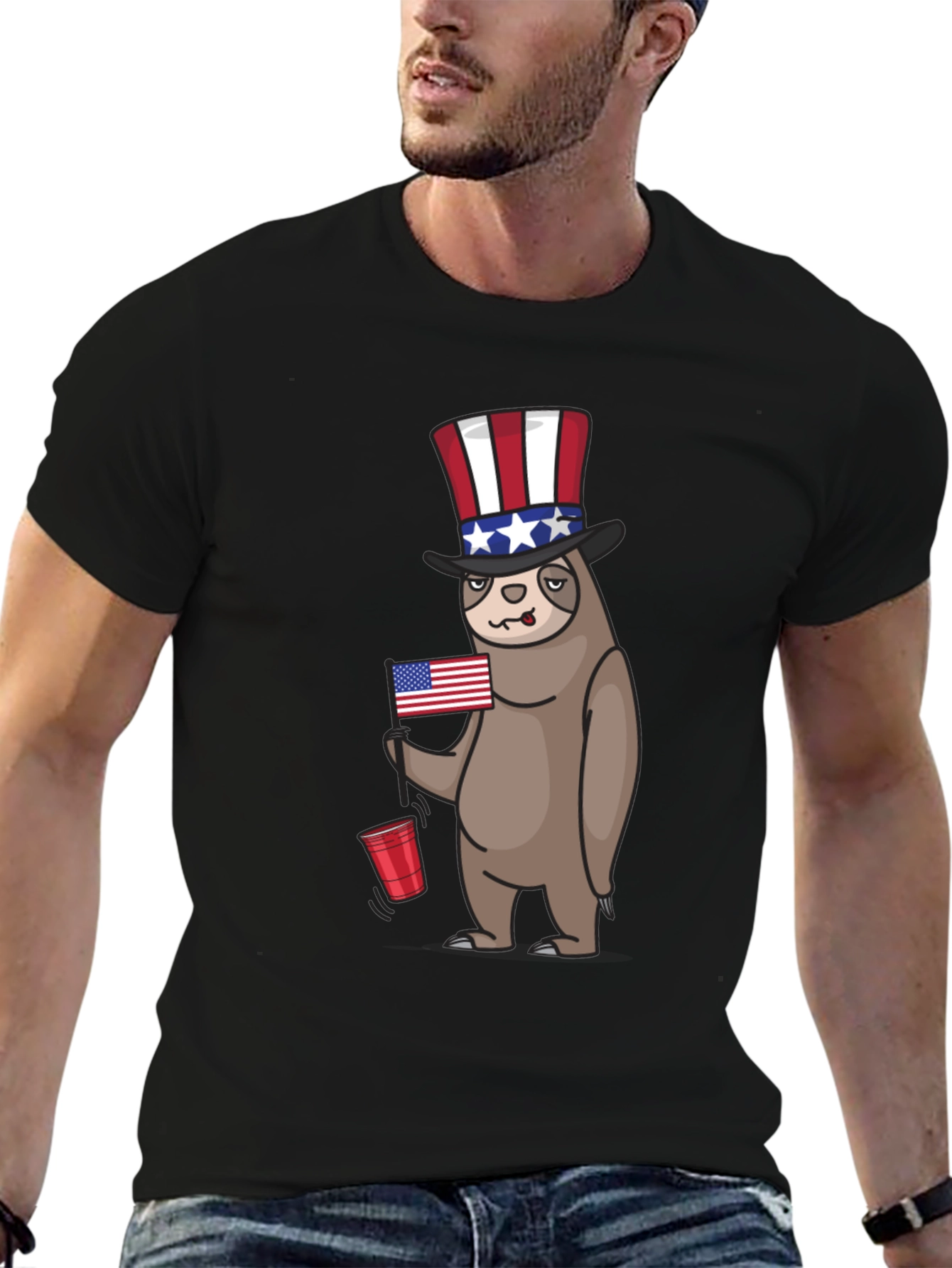 Patriotic Sloth Mens Black T-Shirt