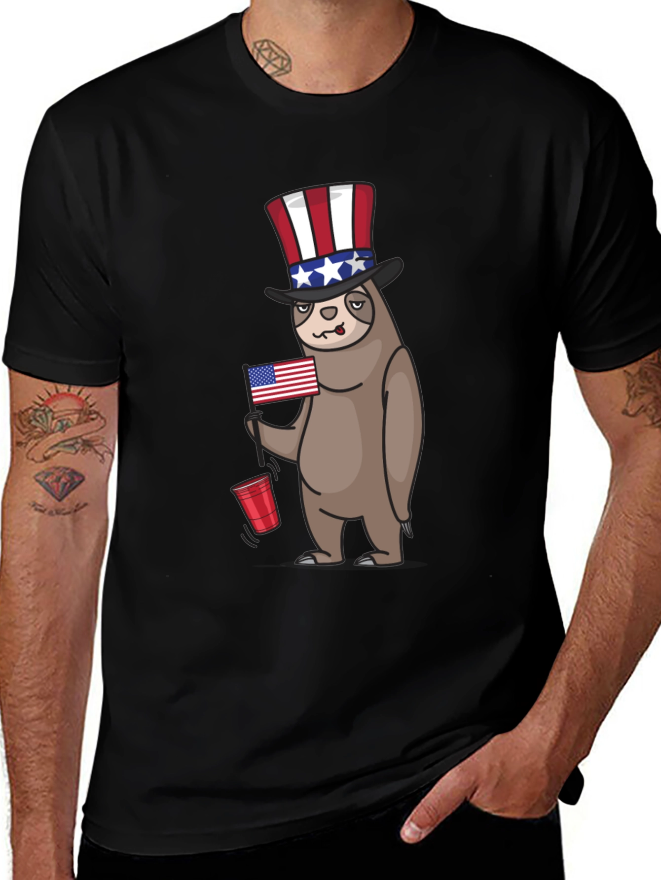Patriotic Sloth Mens Black T-Shirt