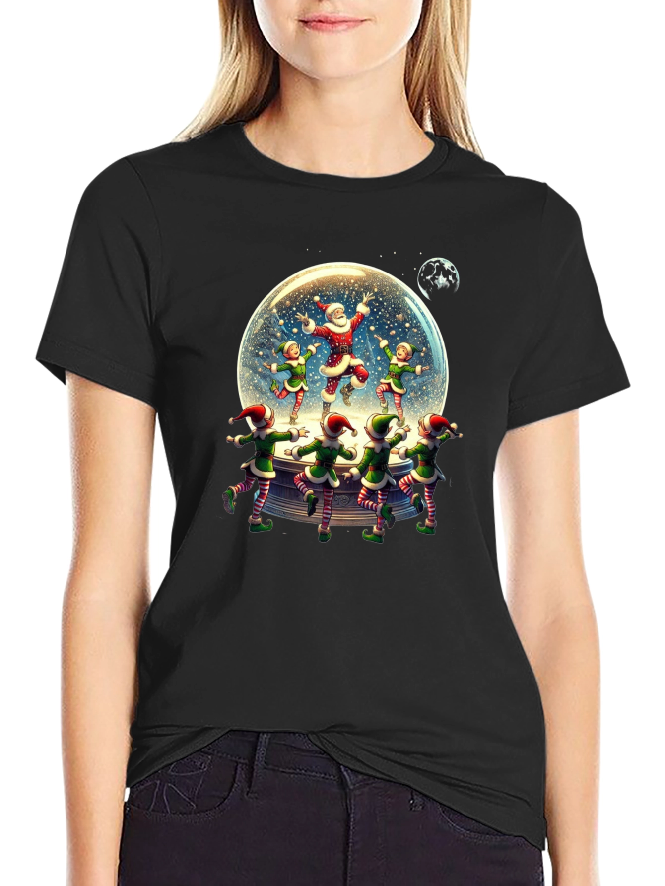 Festive Santa & Elves Snow Globe T-Shirt