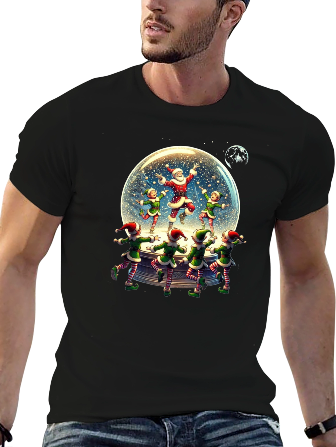 Festive Santa & Elves Snow Globe T-Shirt