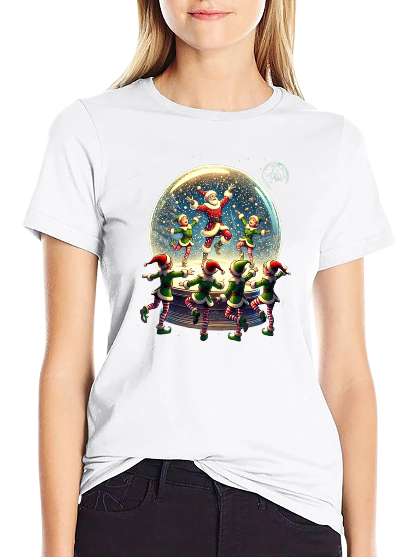 Festive Santa & Elves Snow Globe T-Shirt