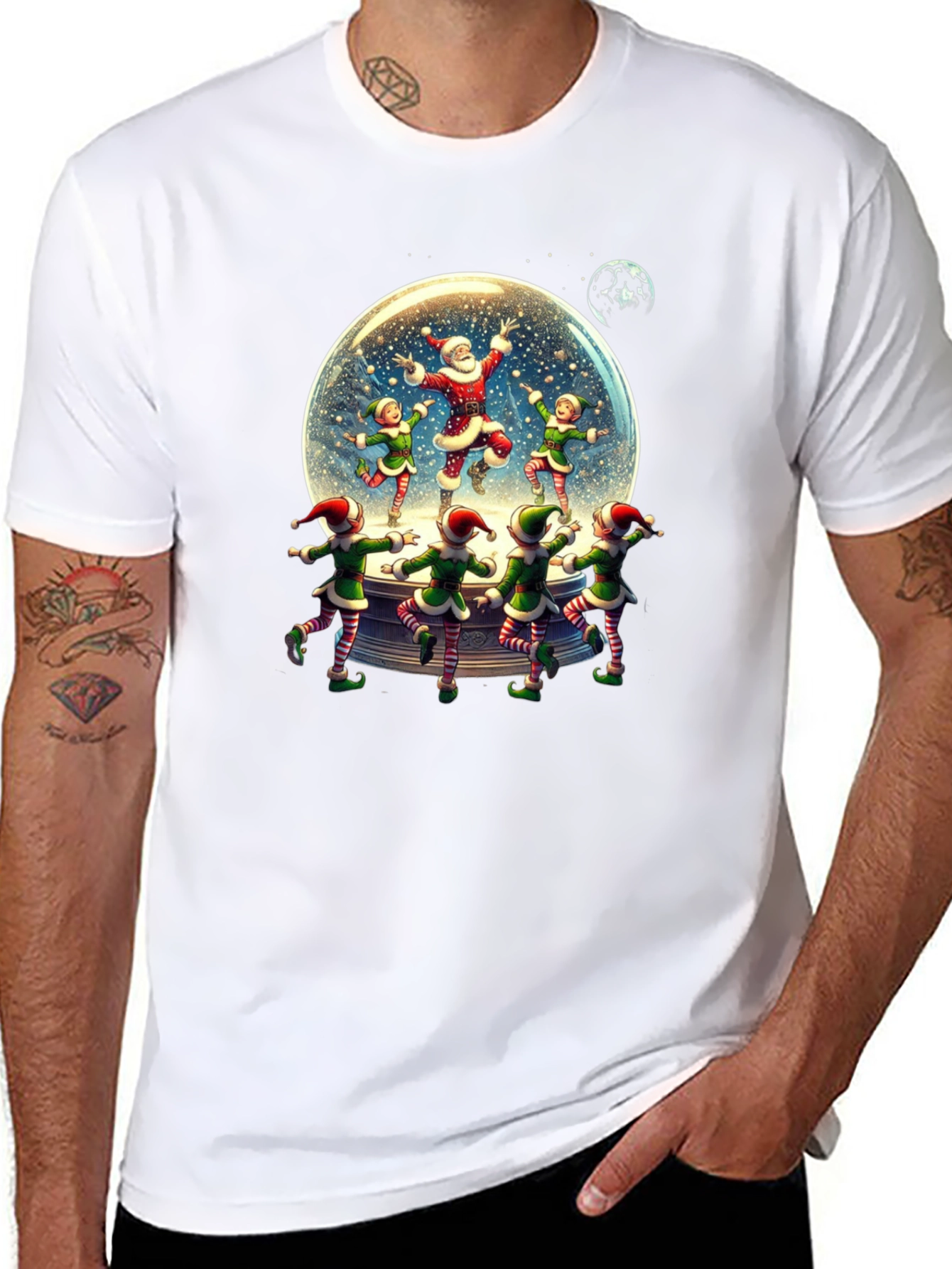 Festive Santa & Elves Snow Globe T-Shirt