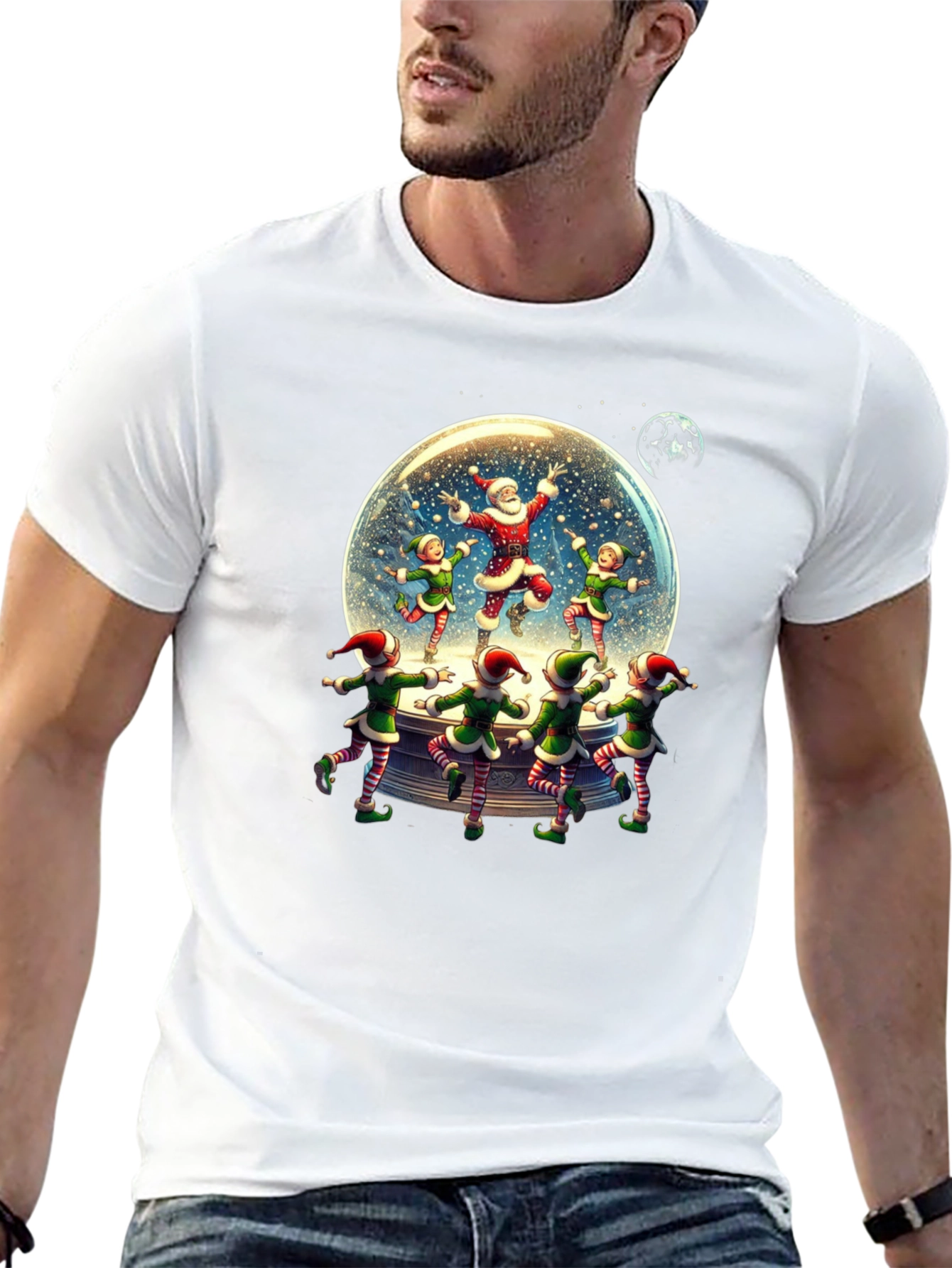 Festive Santa & Elves Snow Globe T-Shirt