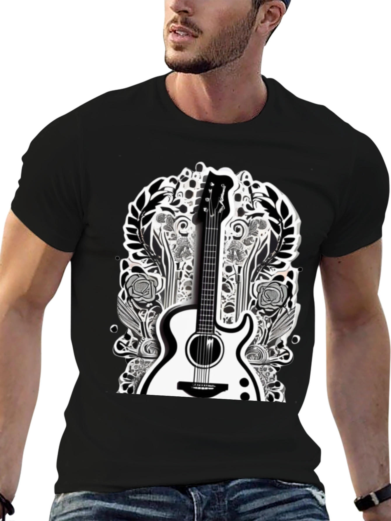 Guitar Floral Graphic Tee - Black