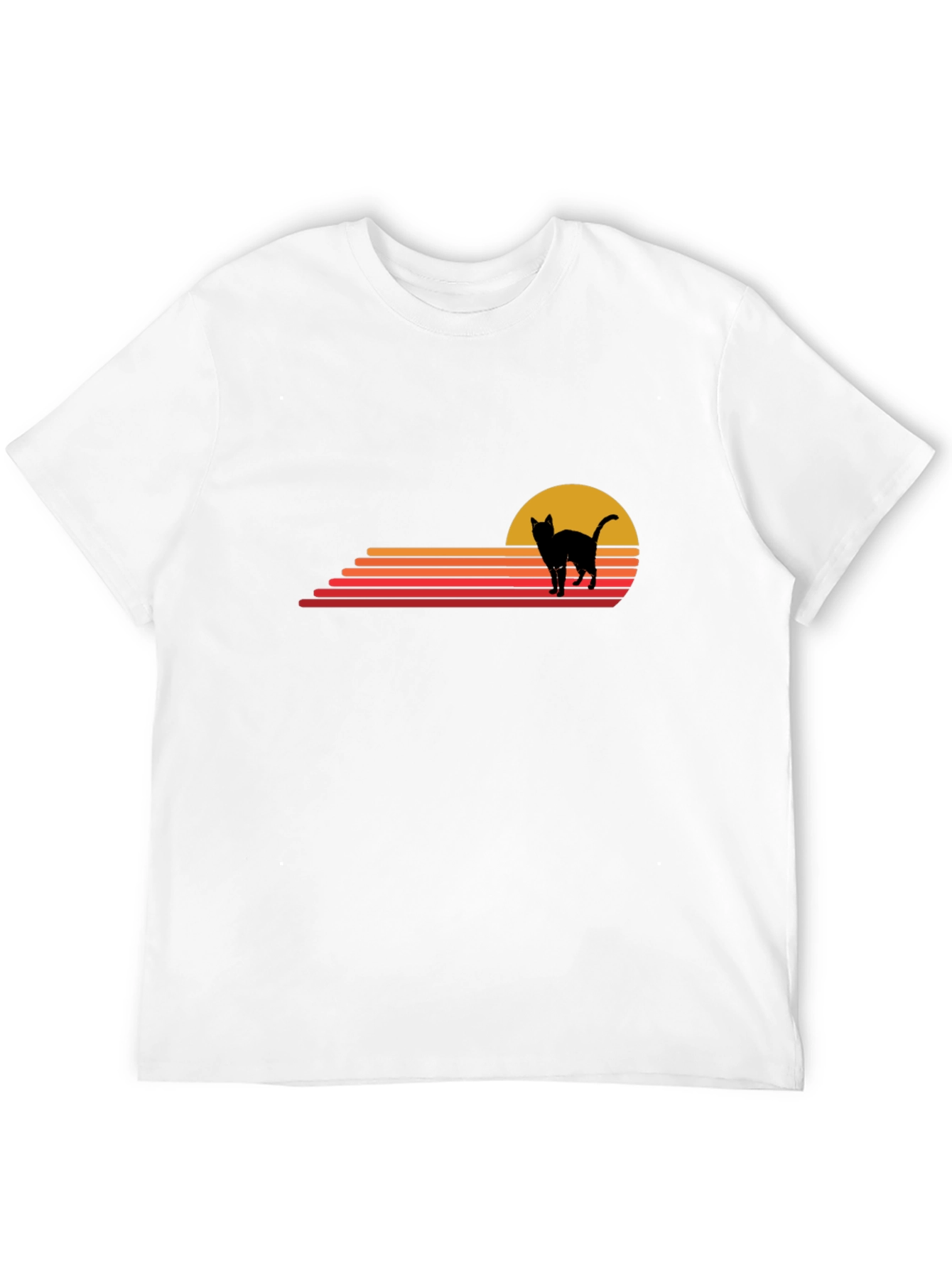 Retro Cat Sunset Graphic Tee - Black Cotton T-Shirt