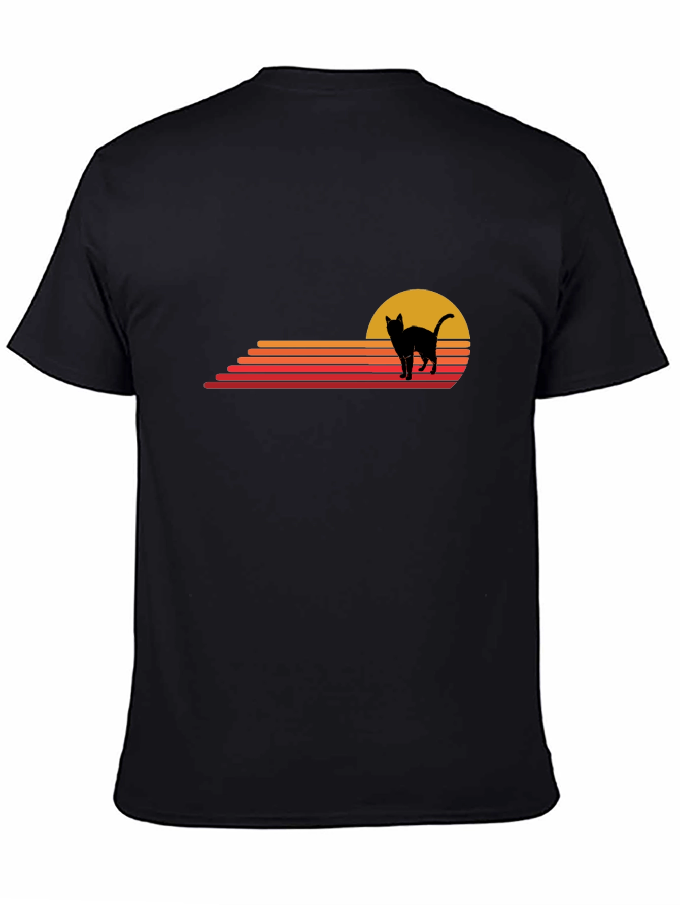 Retro Cat Sunset Graphic Tee - Black Cotton T-Shirt