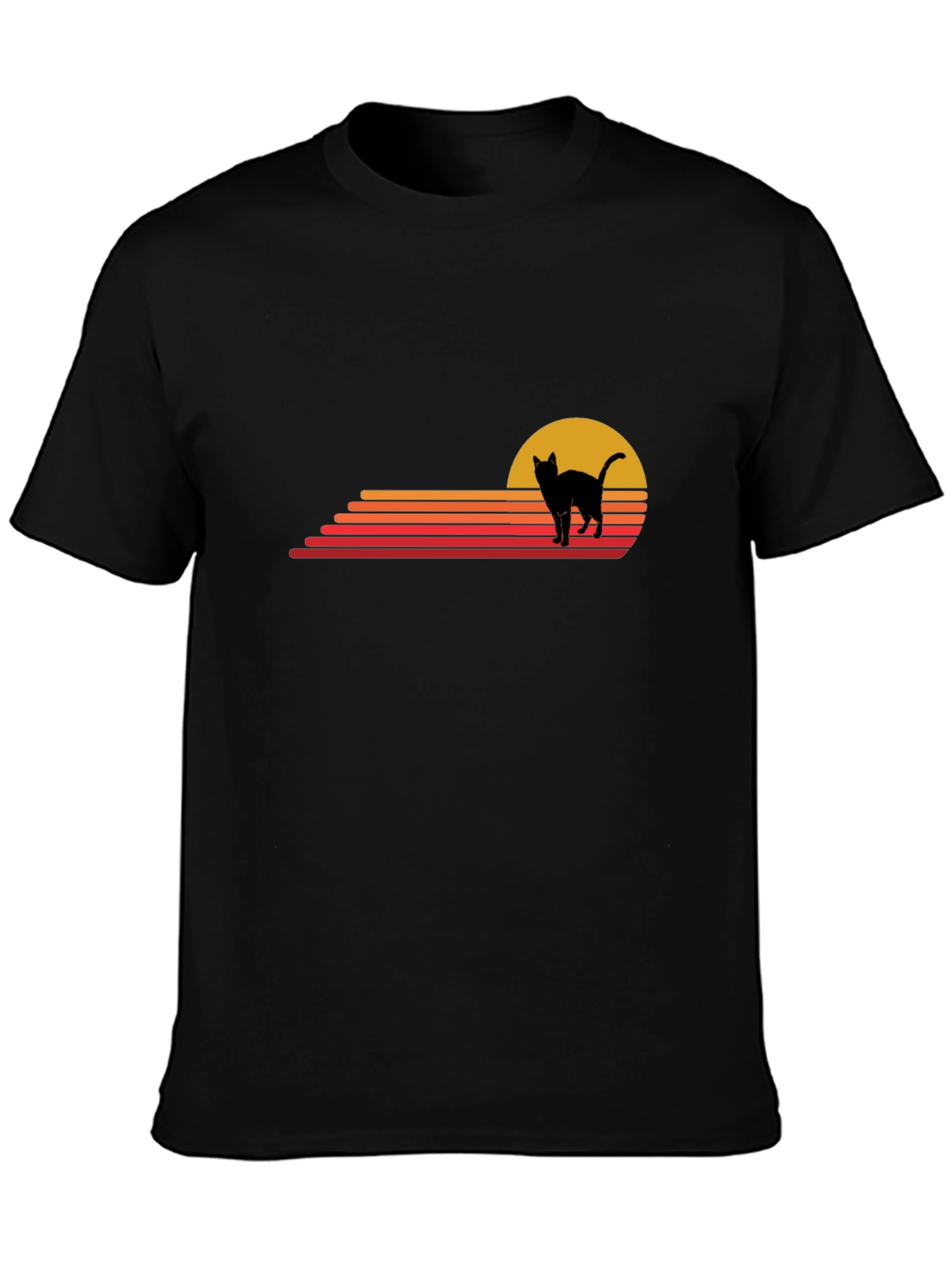 Retro Cat Sunset Graphic Tee - Black Cotton T-Shirt