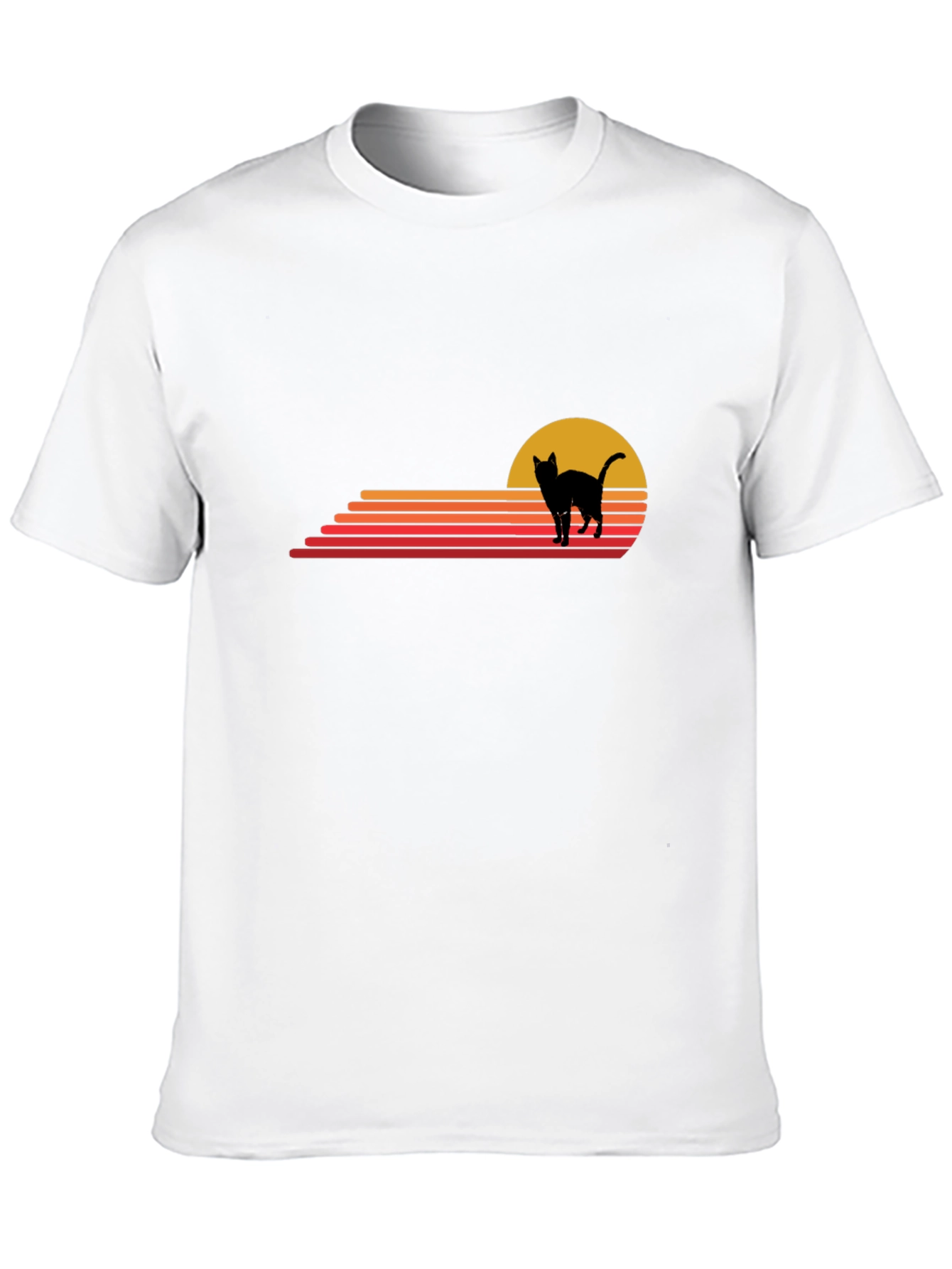 Retro Cat Sunset Graphic Tee - Black Cotton T-Shirt