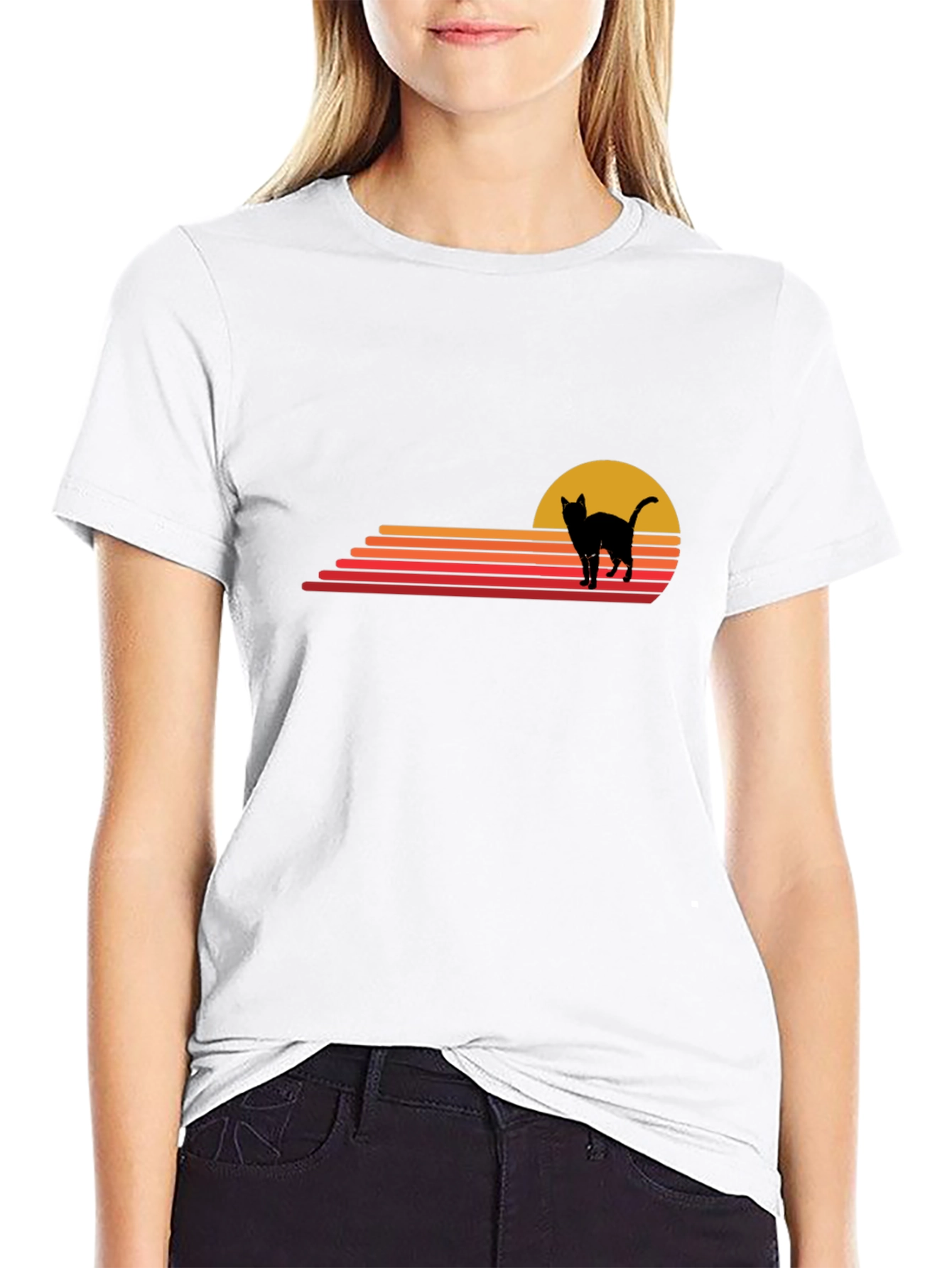 Retro Cat Sunset Graphic Tee - Black Cotton T-Shirt