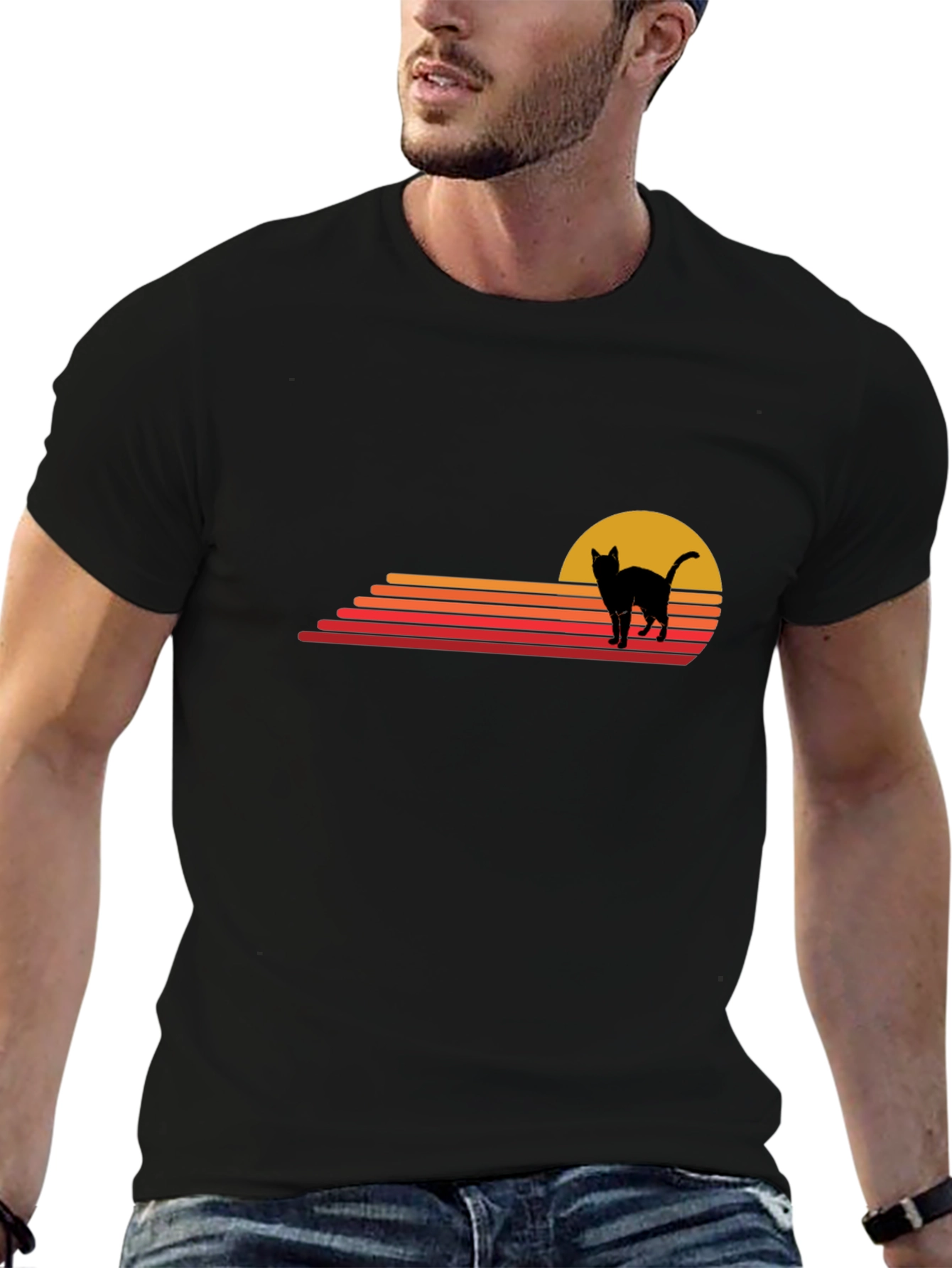 Retro Cat Sunset Graphic Tee - Black Cotton T-Shirt