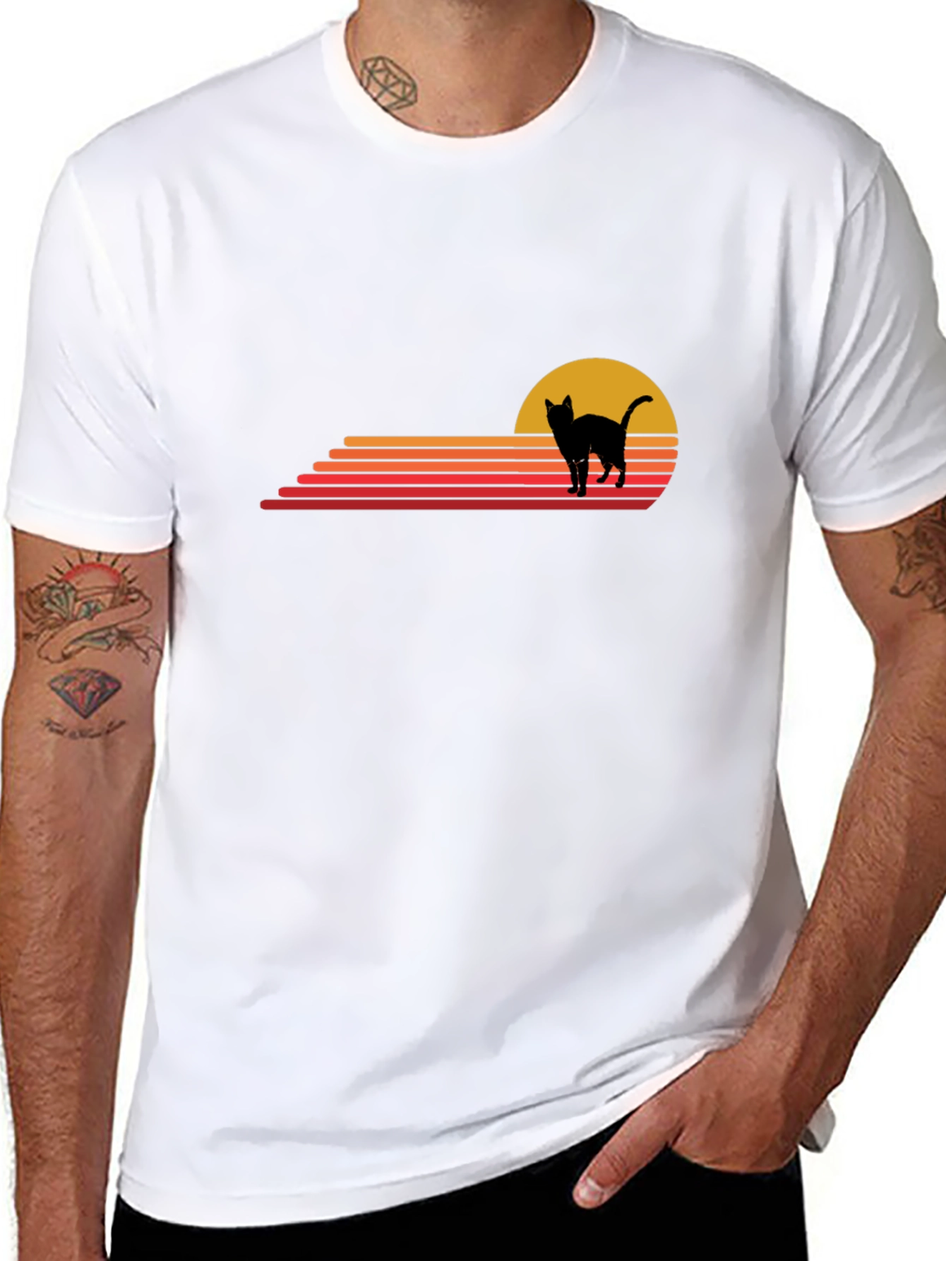 Retro Cat Sunset Graphic Tee - Black Cotton T-Shirt