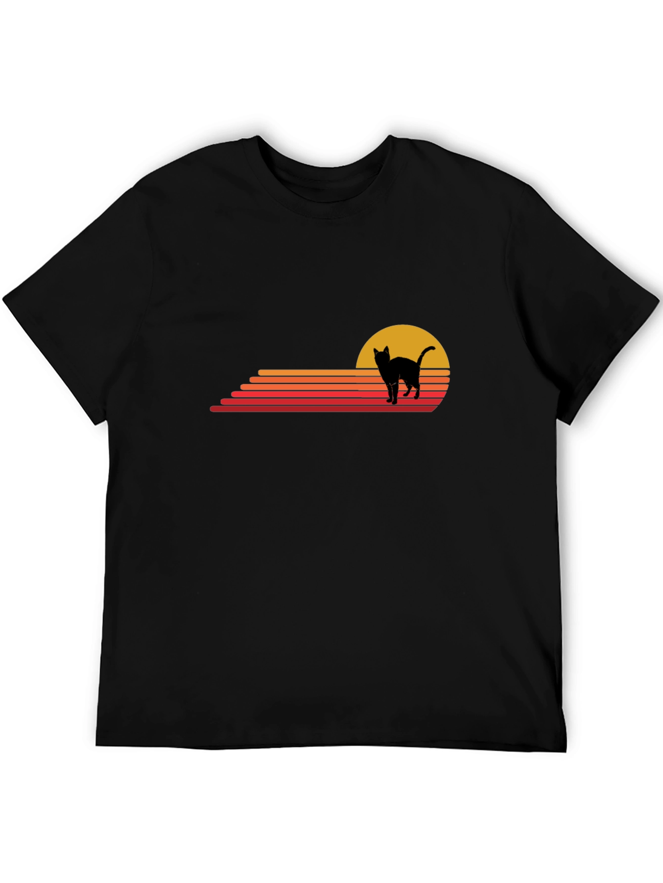 Retro Cat Sunset Graphic Tee - Black Cotton T-Shirt