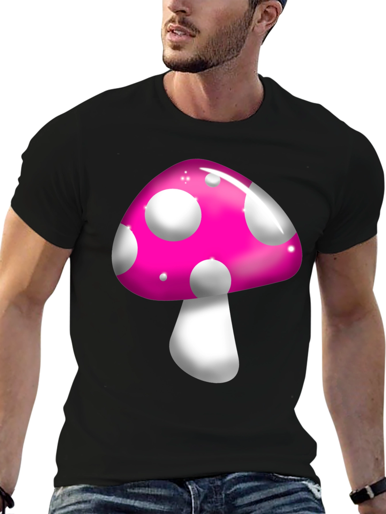 Funky Mushroom Graphic Tee - Black Casual T-Shirt
