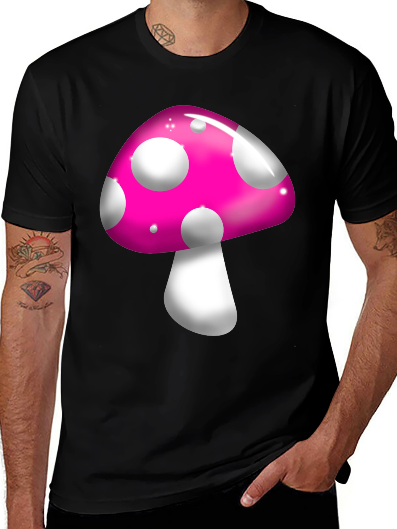 Funky Mushroom Graphic Tee - Black Casual T-Shirt