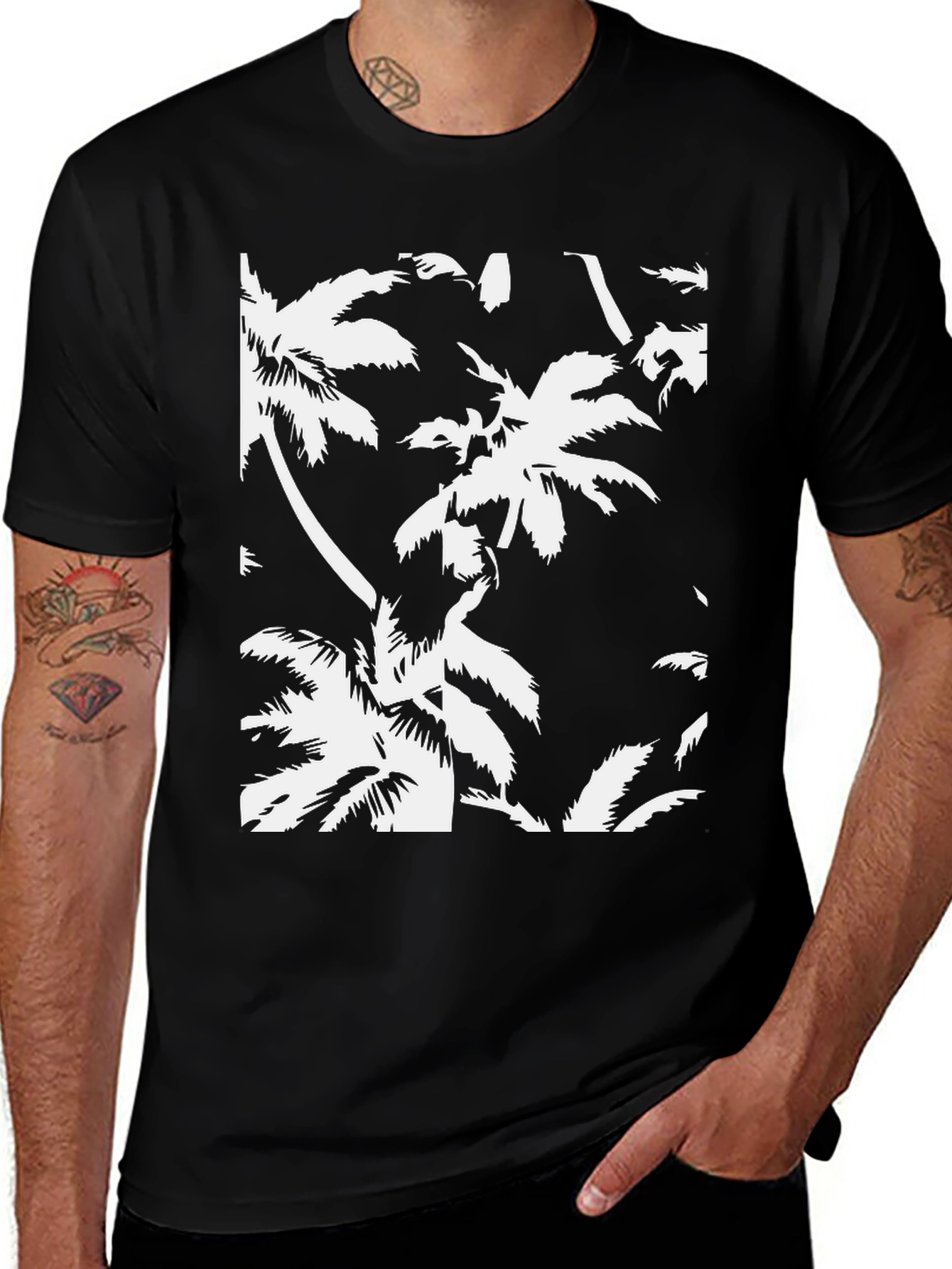 Tropical Palm Tree Print Black T-Shirt