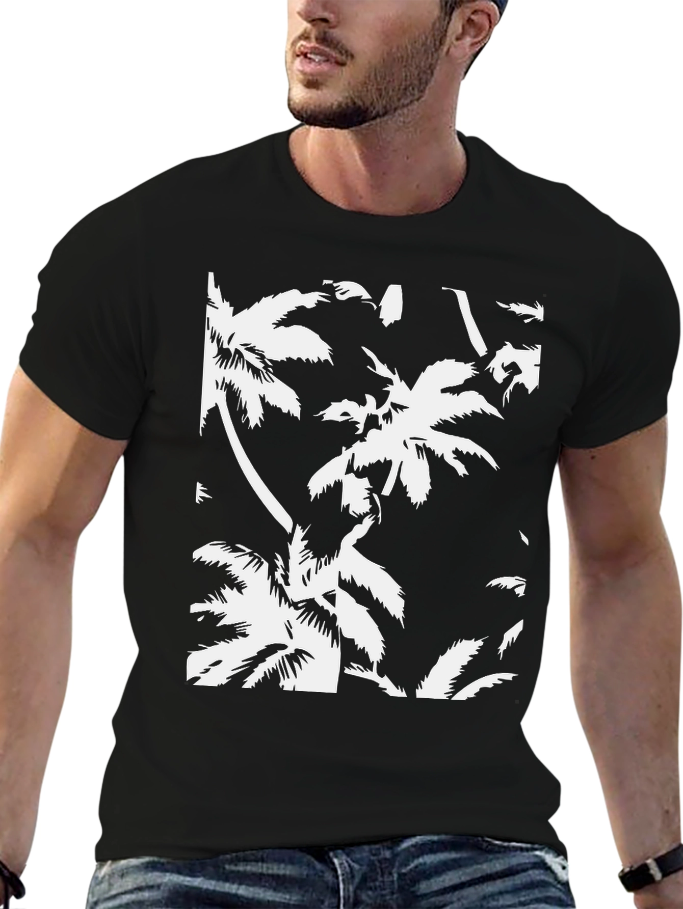Tropical Palm Tree Print Black T-Shirt