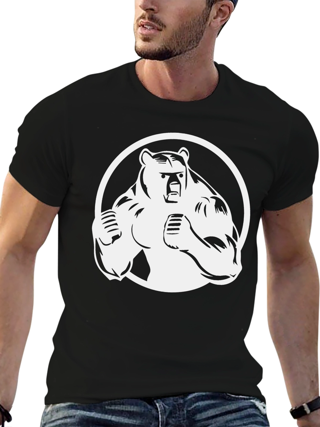 Bear Graphic Print T-Shirt - Black Cotton Tee