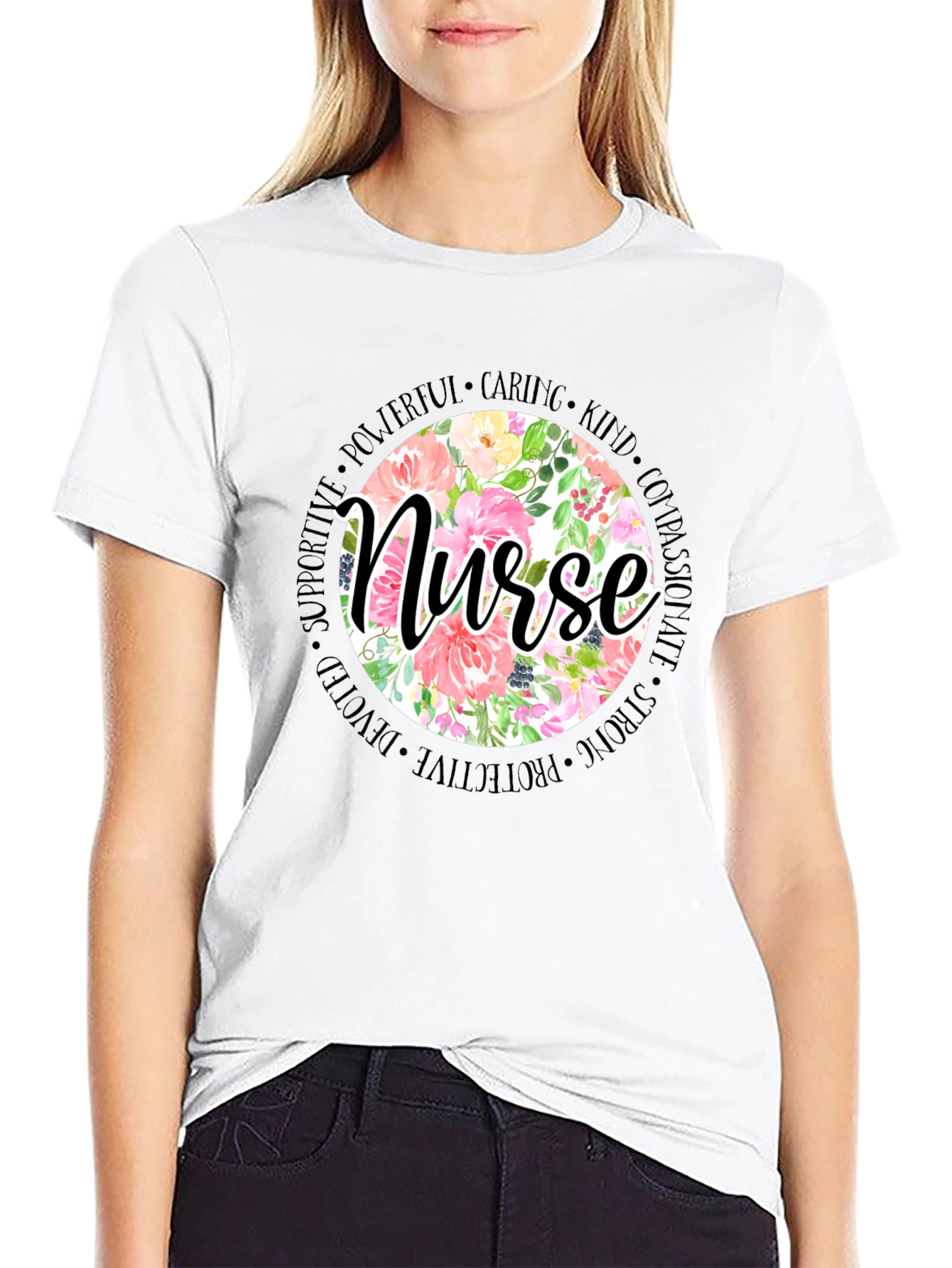 Floral Nurse T-Shirt - Caring Kind Compassionate Tee