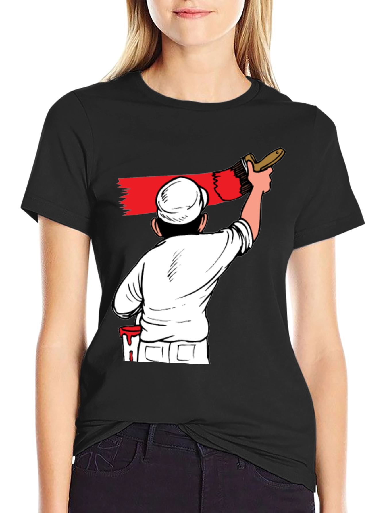 Painter Cartoon Graphic T-Shirt - Black Crew Neck