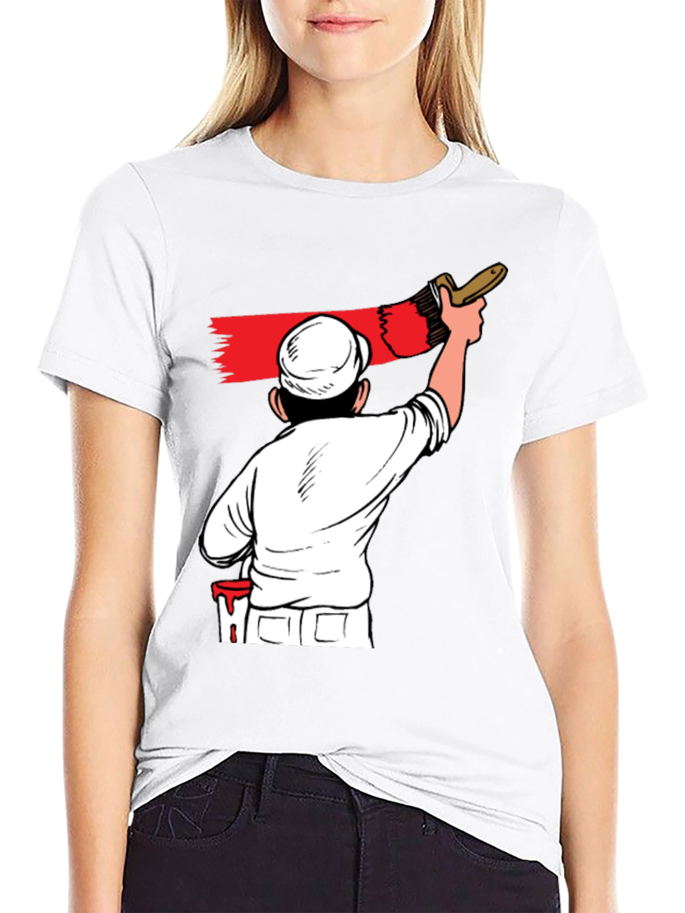 Painter Cartoon Graphic T-Shirt - Black Crew Neck