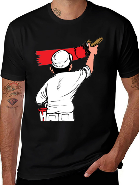 Painter Cartoon Graphic T-Shirt - Black Crew Neck