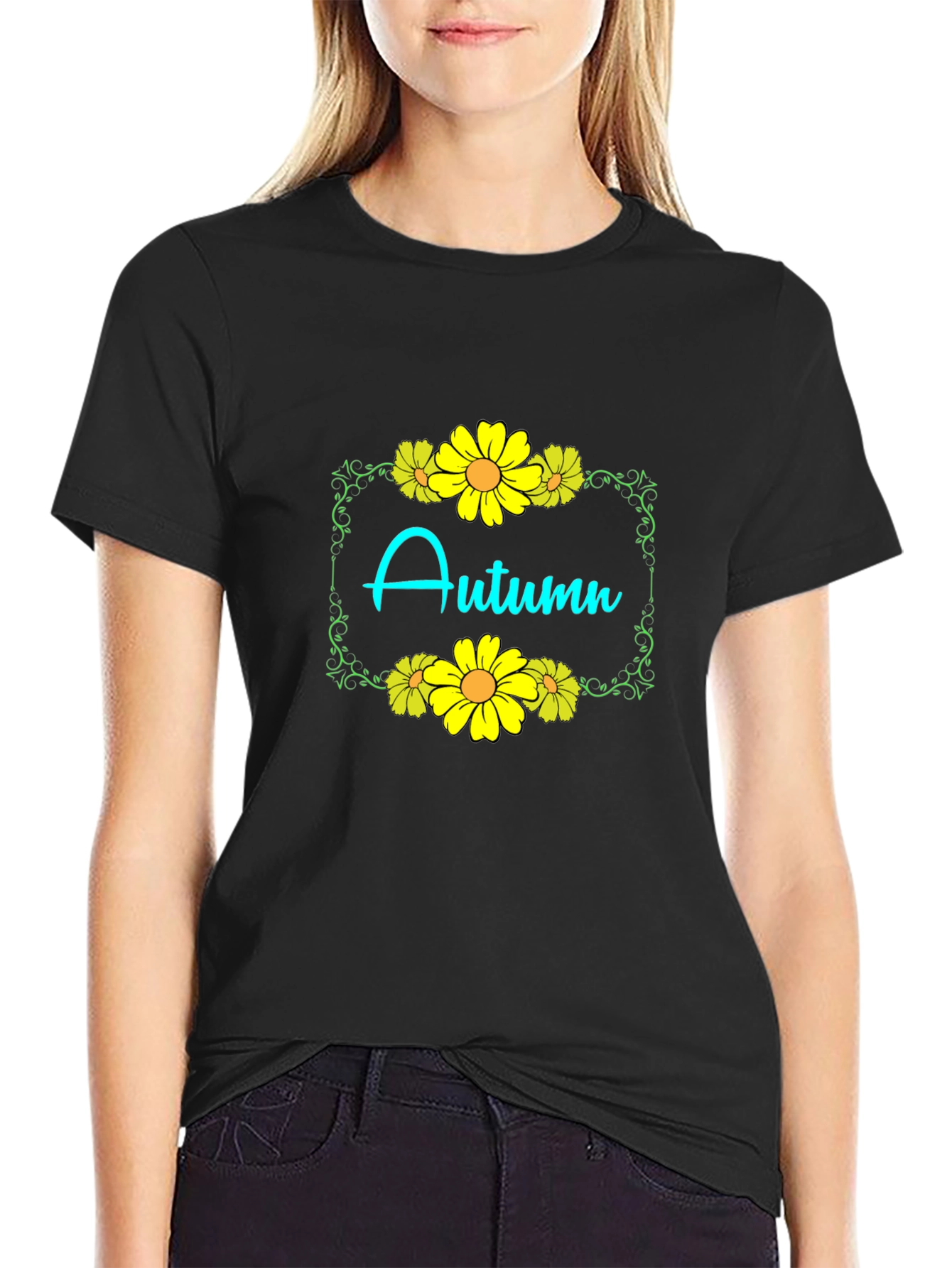 Autumn Floral Graphic Black T-Shirt