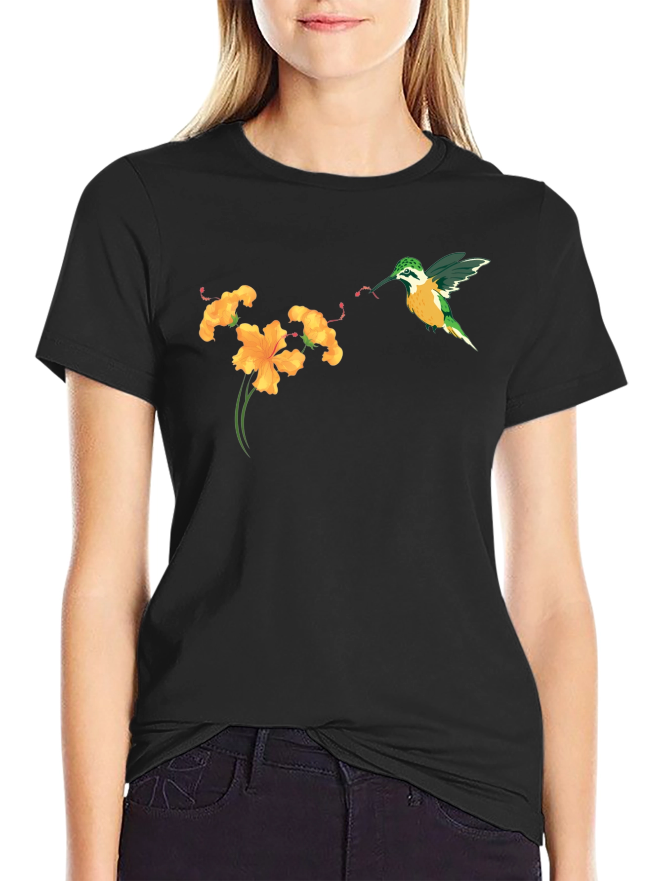 Hummingbird & Flower Graphic Tee - Black