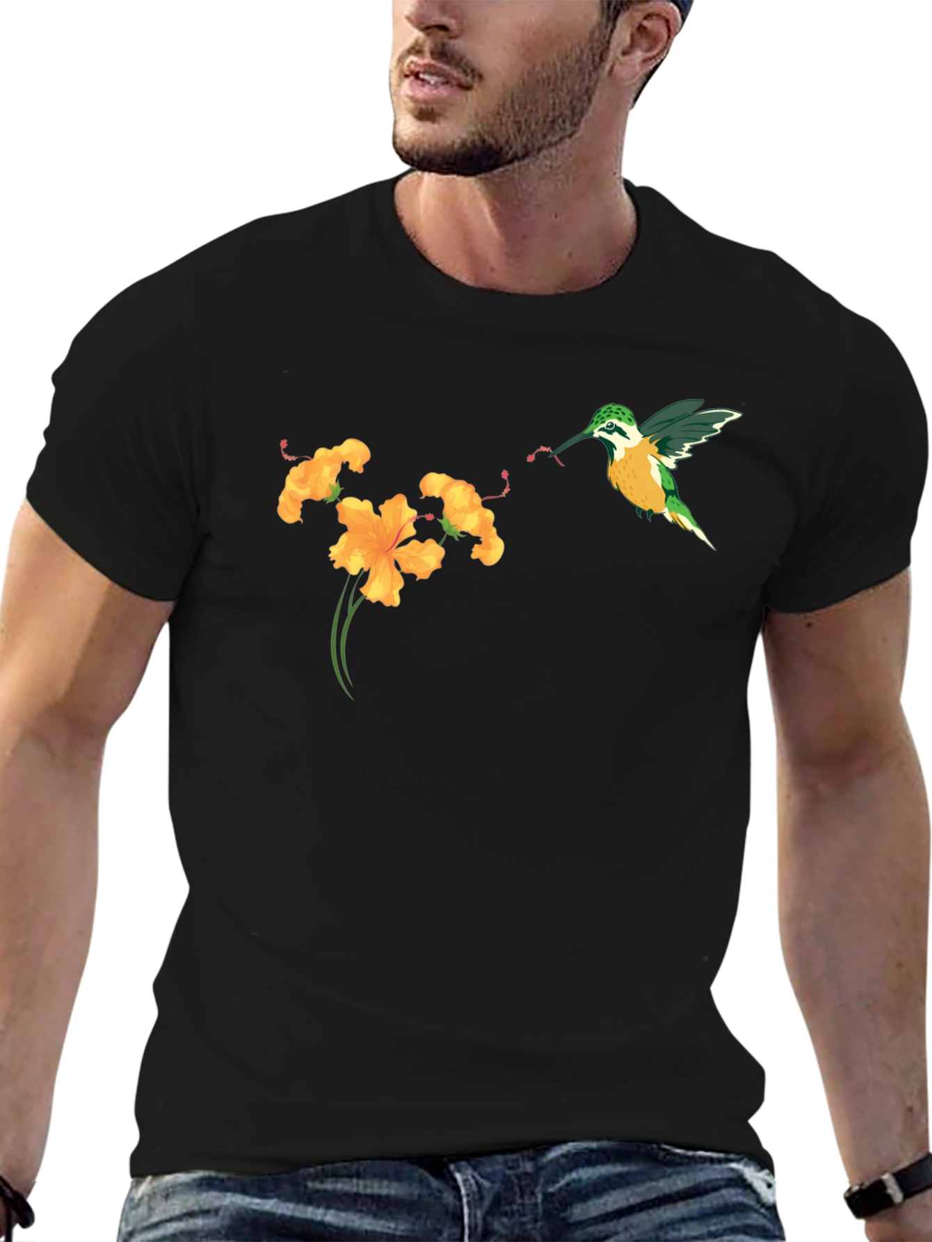Hummingbird & Flower Graphic Tee - Black
