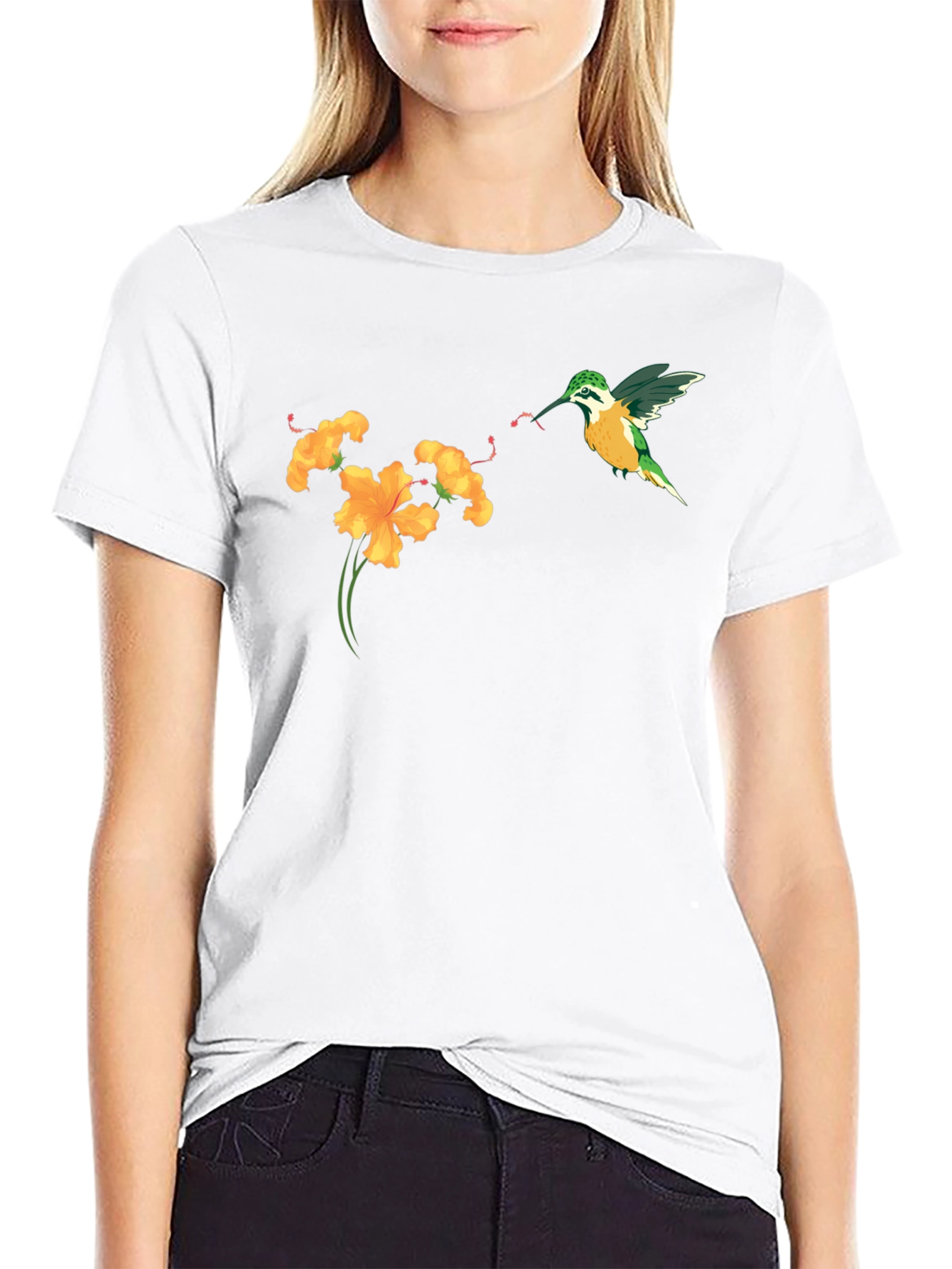 Hummingbird & Flower Graphic Tee - Black