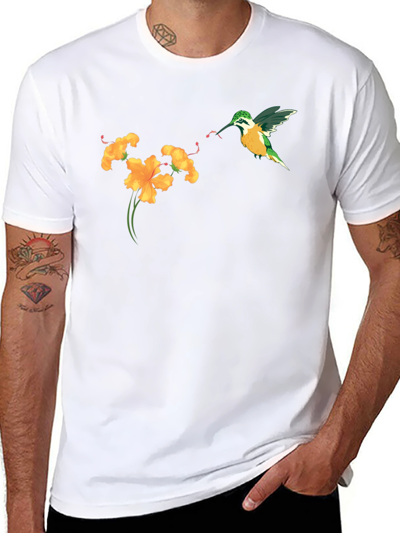 Hummingbird & Flower Graphic Tee - Black