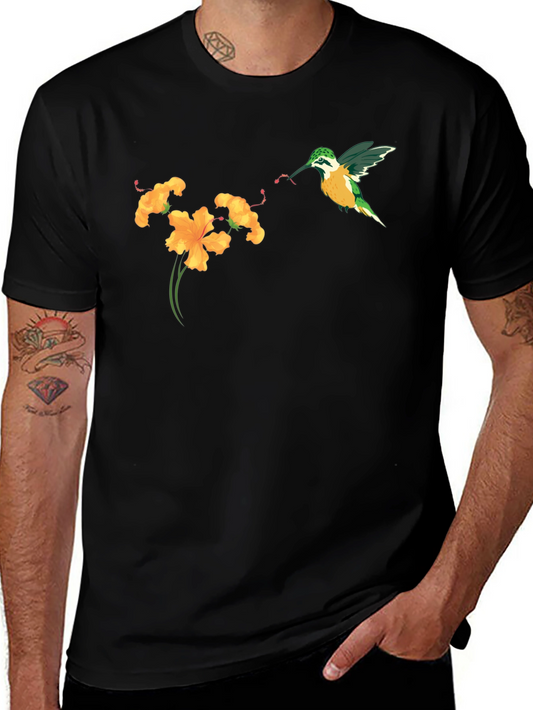 Hummingbird & Flower Graphic Tee - Black