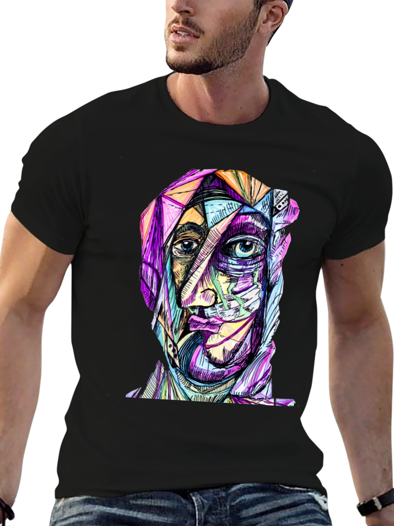 Abstract Face Graphic Print Black T-Shirt