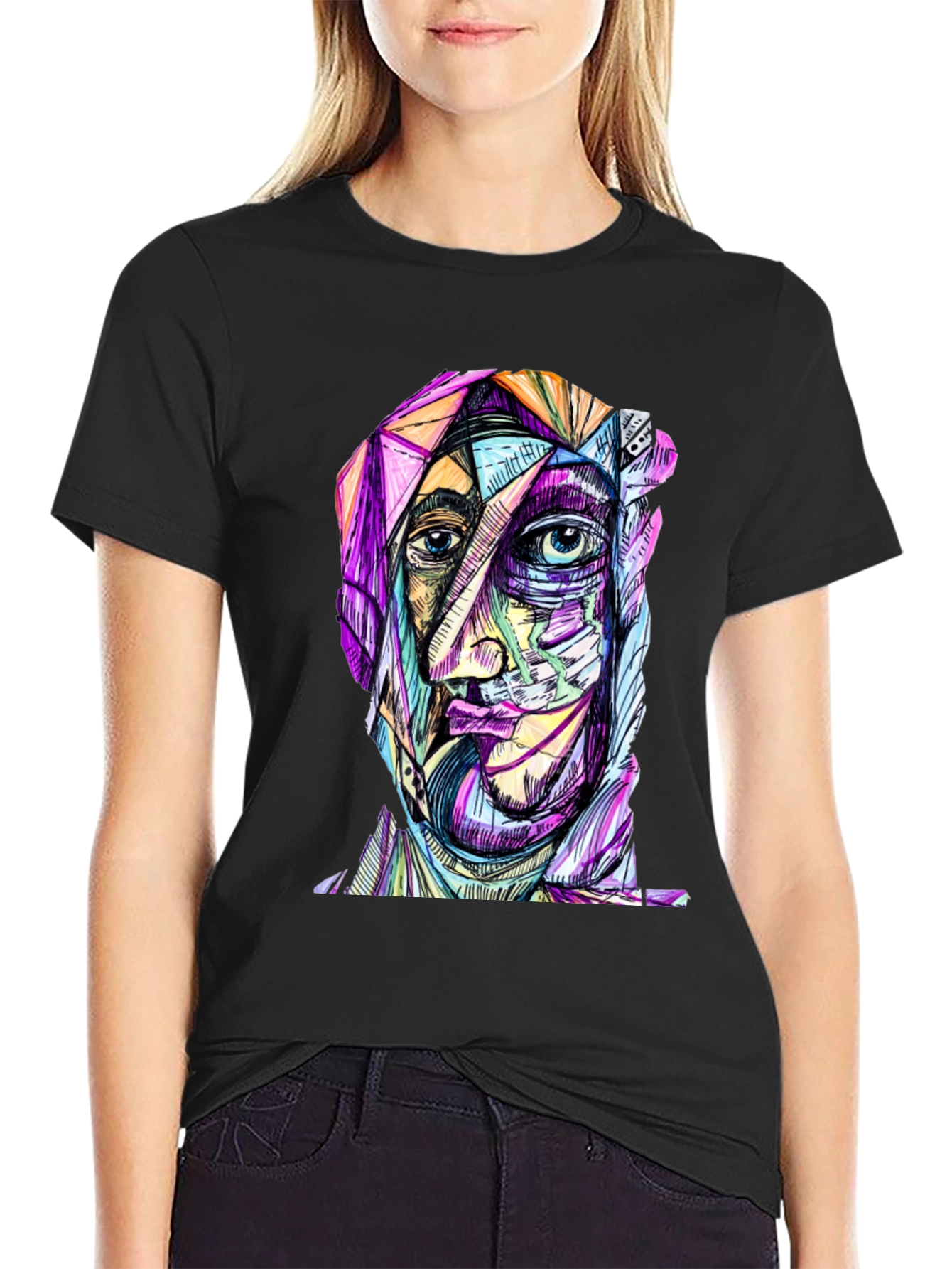 Abstract Face Graphic Print Black T-Shirt