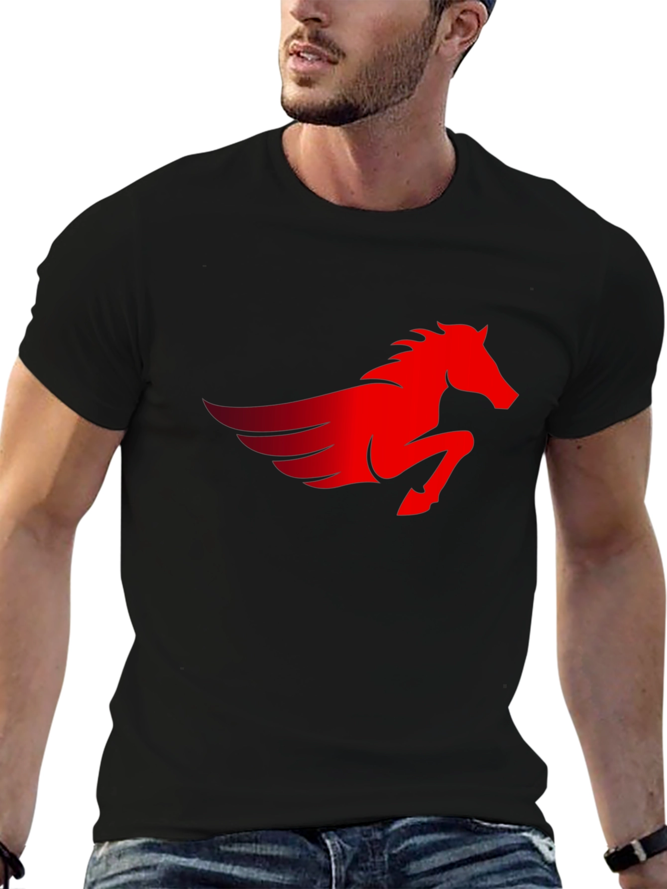 Mens Black T-Shirt with Red Pegasus Graphic
