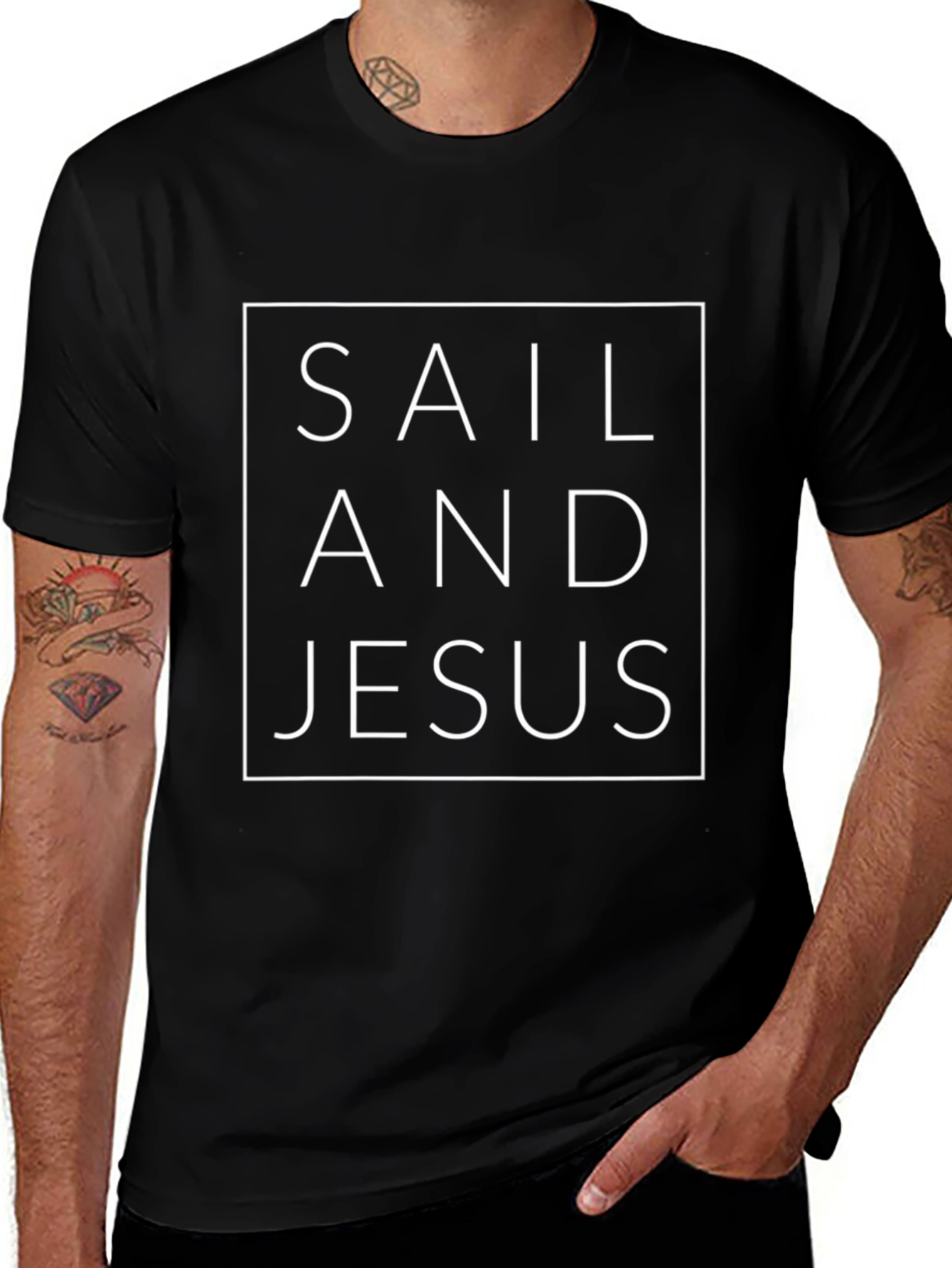 Sail and Jesus Graphic T-Shirt - Black Cotton Tee
