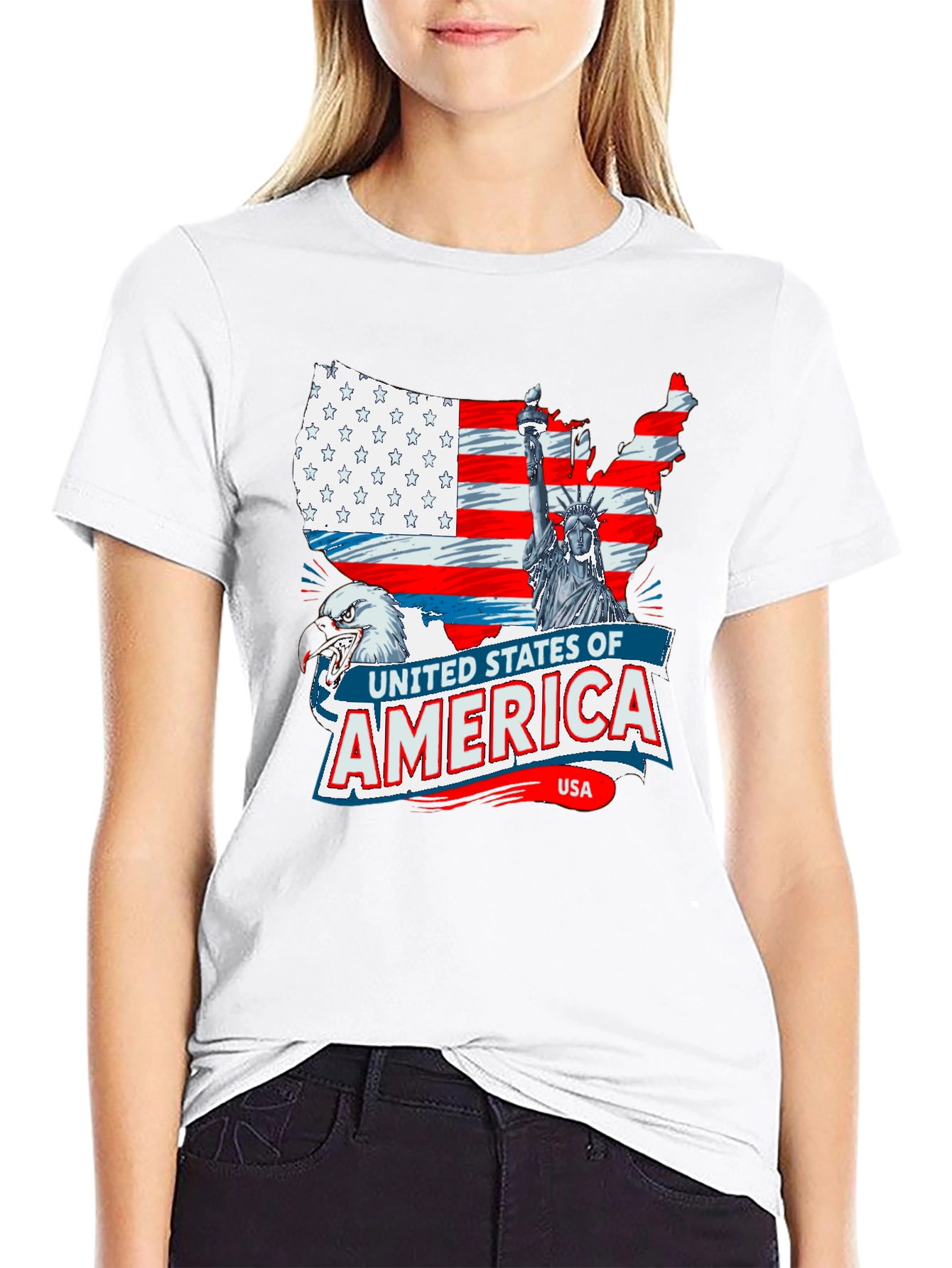 USA Flag Eagle Statue of Liberty Graphic T-Shirt
